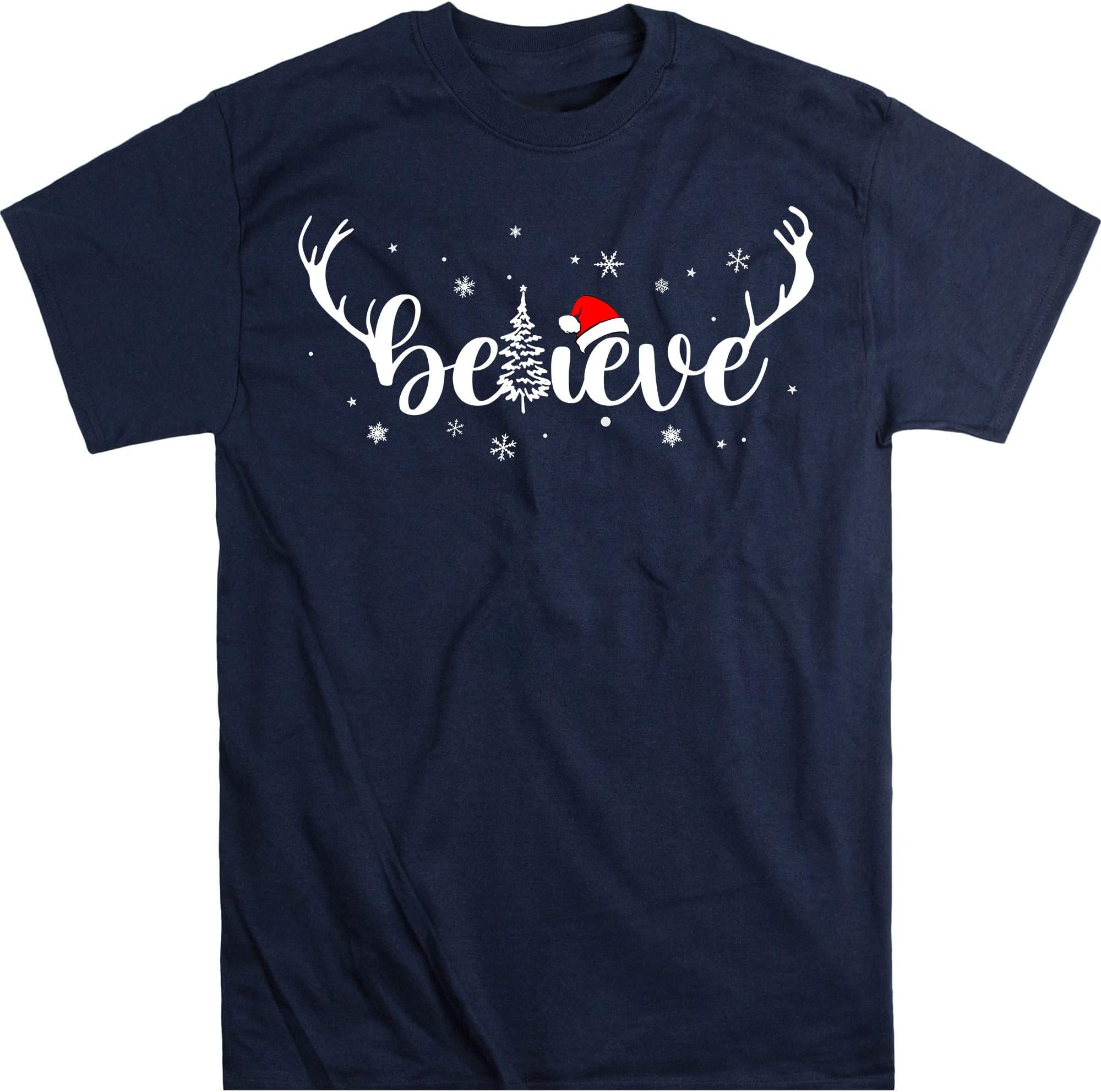 Christmas Believe Tree Reindeer Shirt Cute Short Sleeve Christmas Graphic Tee Shirts Tops for Women Christmas Shirts – Navy/Large