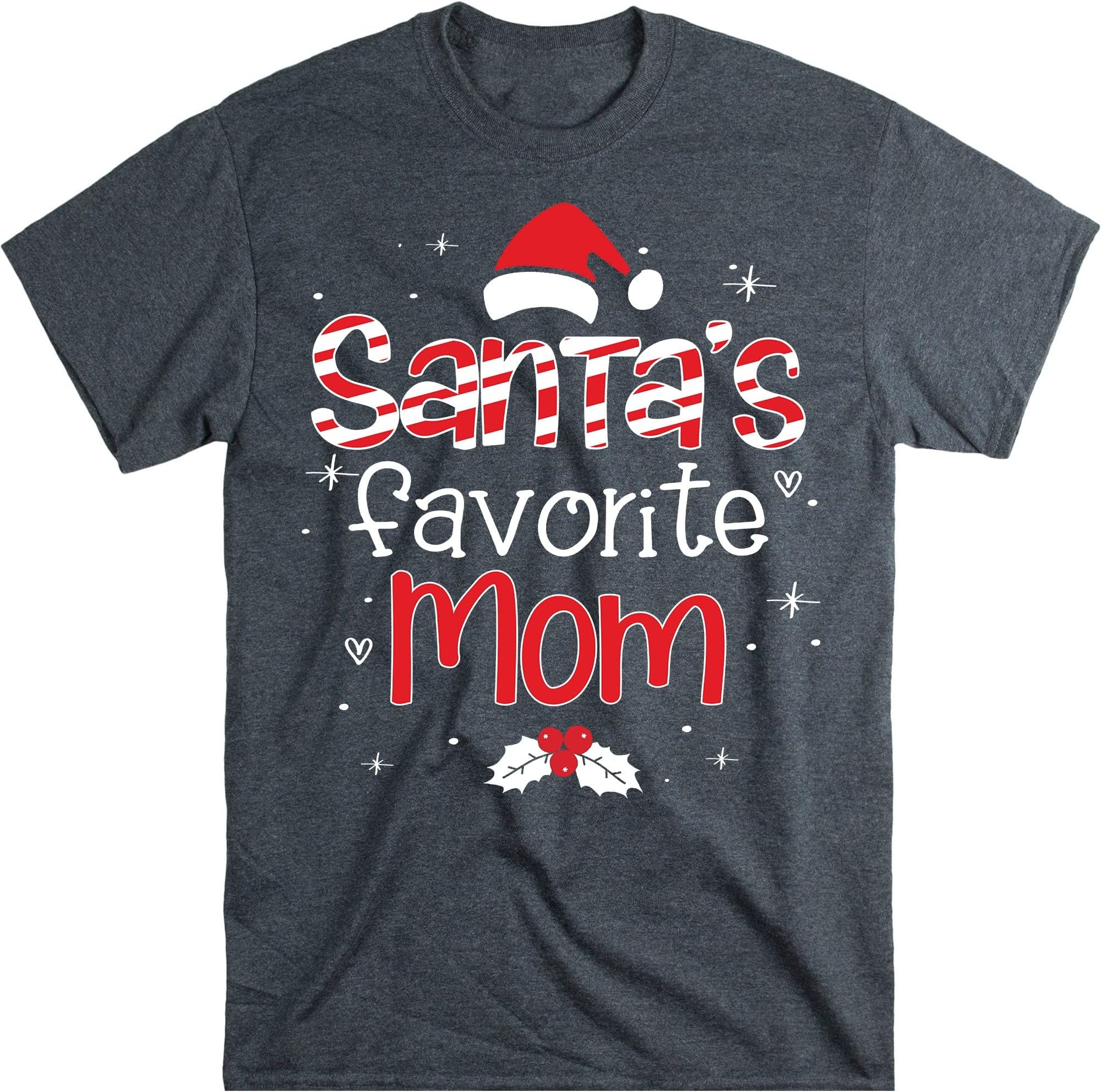 Santa's Favorite Mom Christmas T Shirt Women Plaid Letters Print Mama Tops Cute Santa Hat Graphic Short Sleeve Tee – Dark Heather/Small