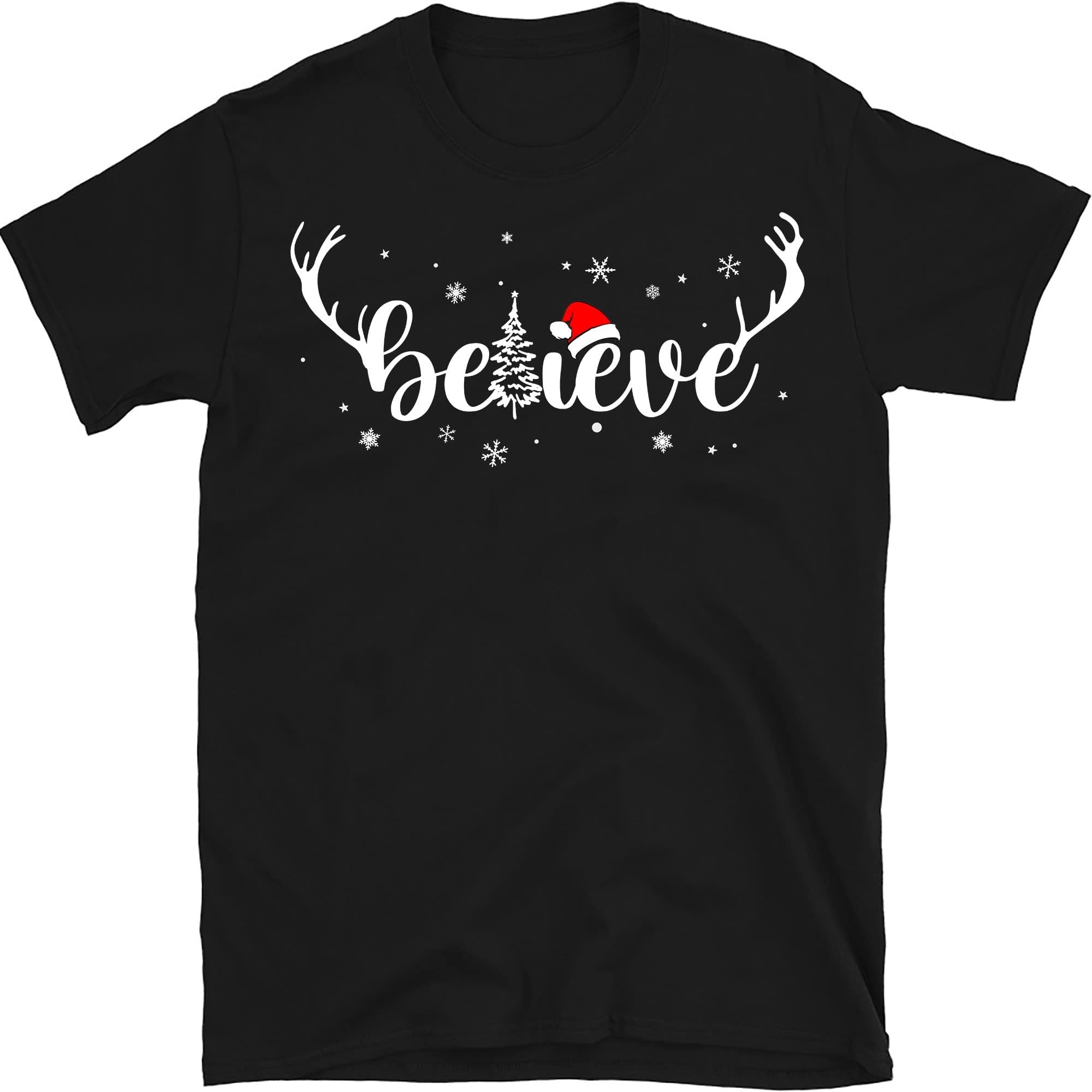 Christmas Believe Tree Reindeer Shirt Cute Short Sleeve Graphic Tee Shirts Tops for Women – Black/Small
