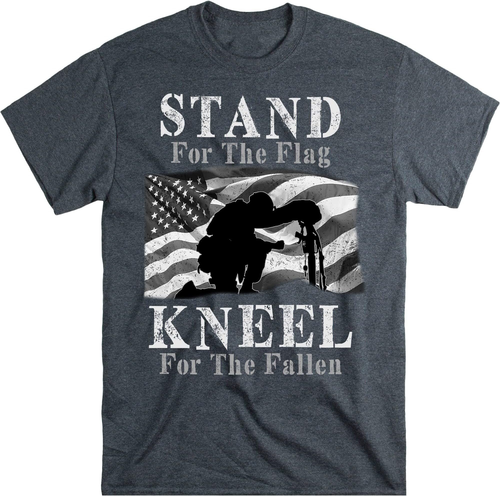 Military Veteran American Flag Stand for Men Women T-Shirt, Stand for The Flag Kneel for The Fallen Shirt, Veteran Month – Dark Heather/Small