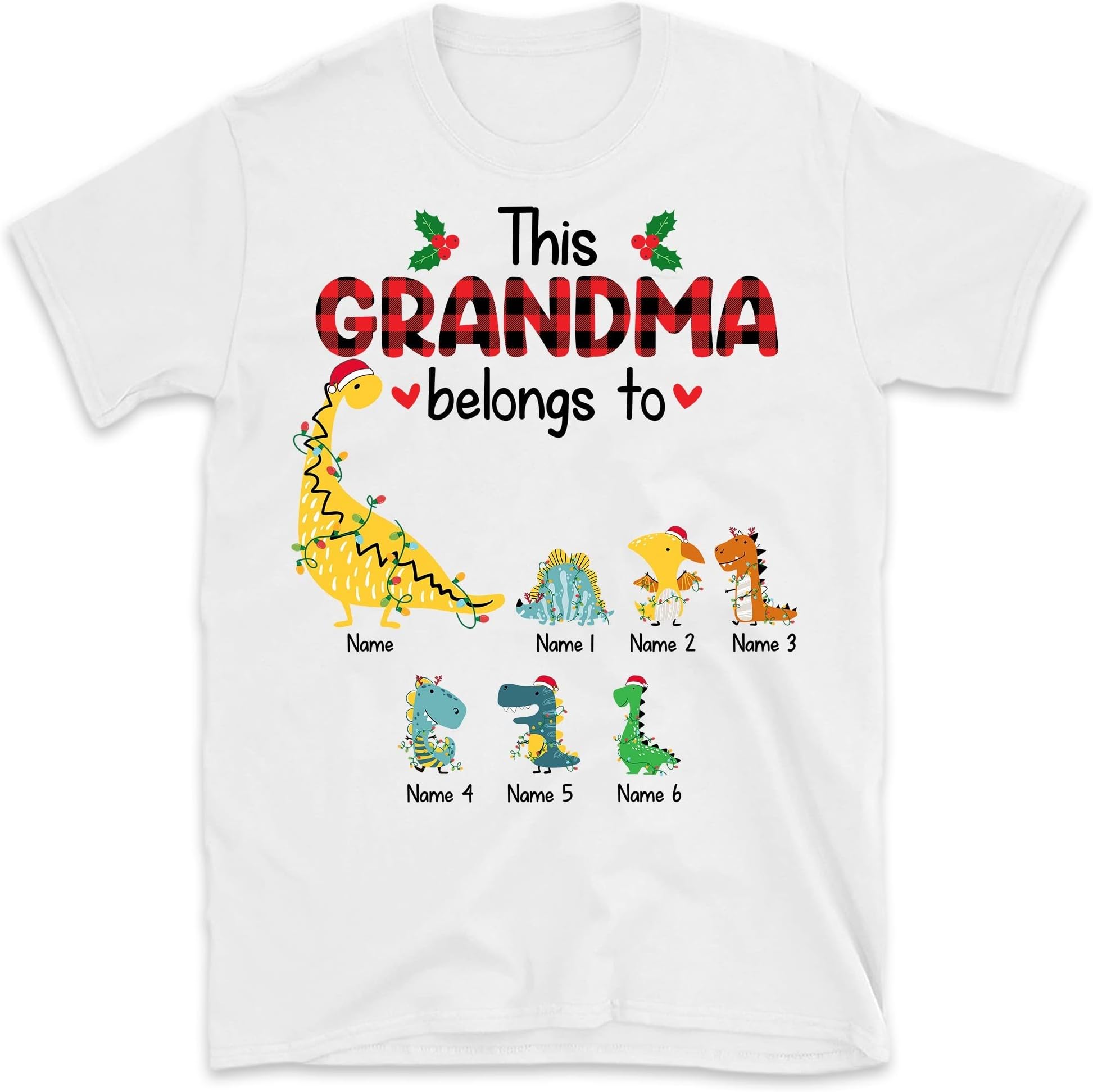 Personalized Grandma with Grandkid's Name Christmas Shirt, Custom Grandkids T Rex Dinosaur Grandma Multicolored