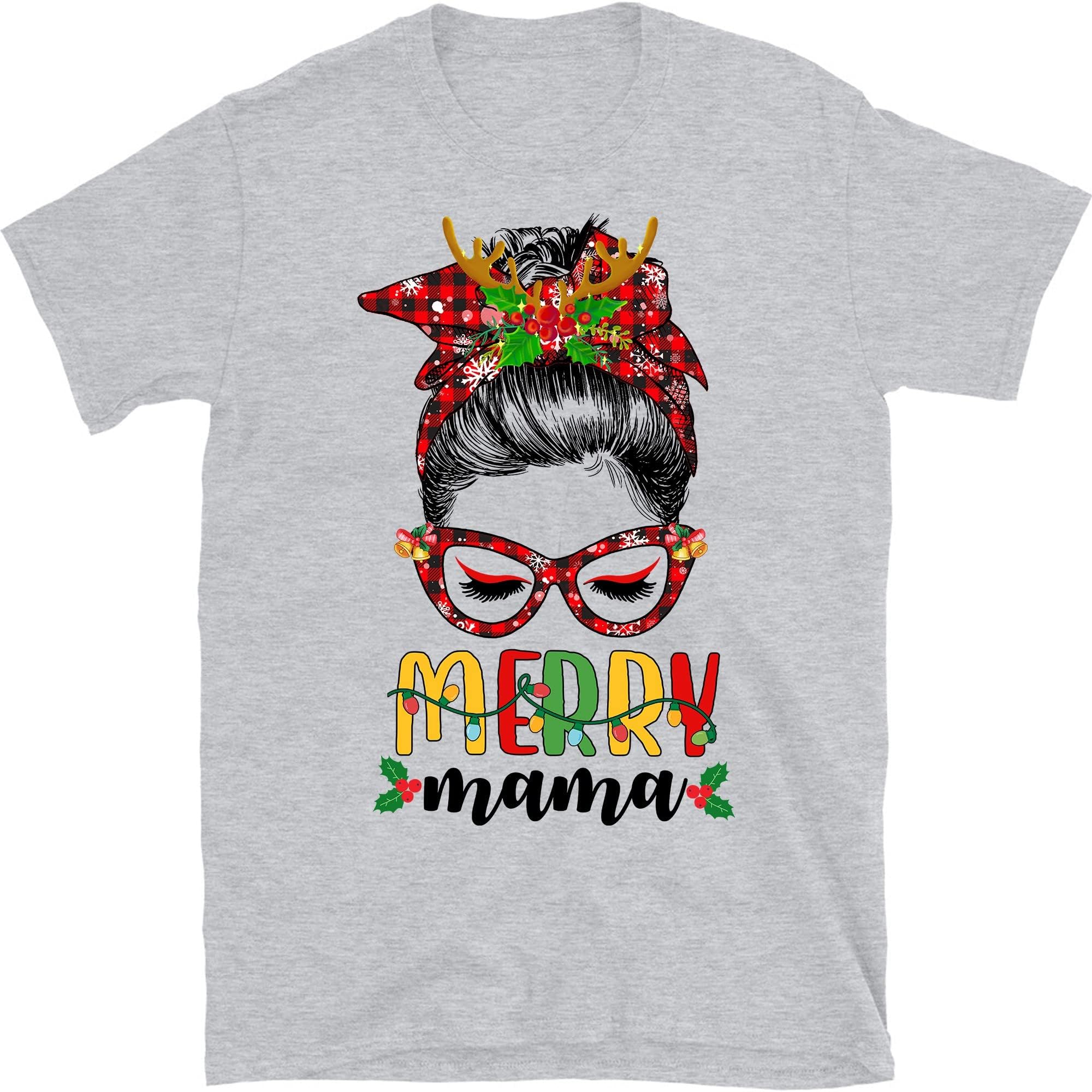 Merry Mama Messy Bun Hair Christmas T-Shirt, Mother Christmas T-Shirt, Matching Family Christmas Shirts – Sport Grey/Large