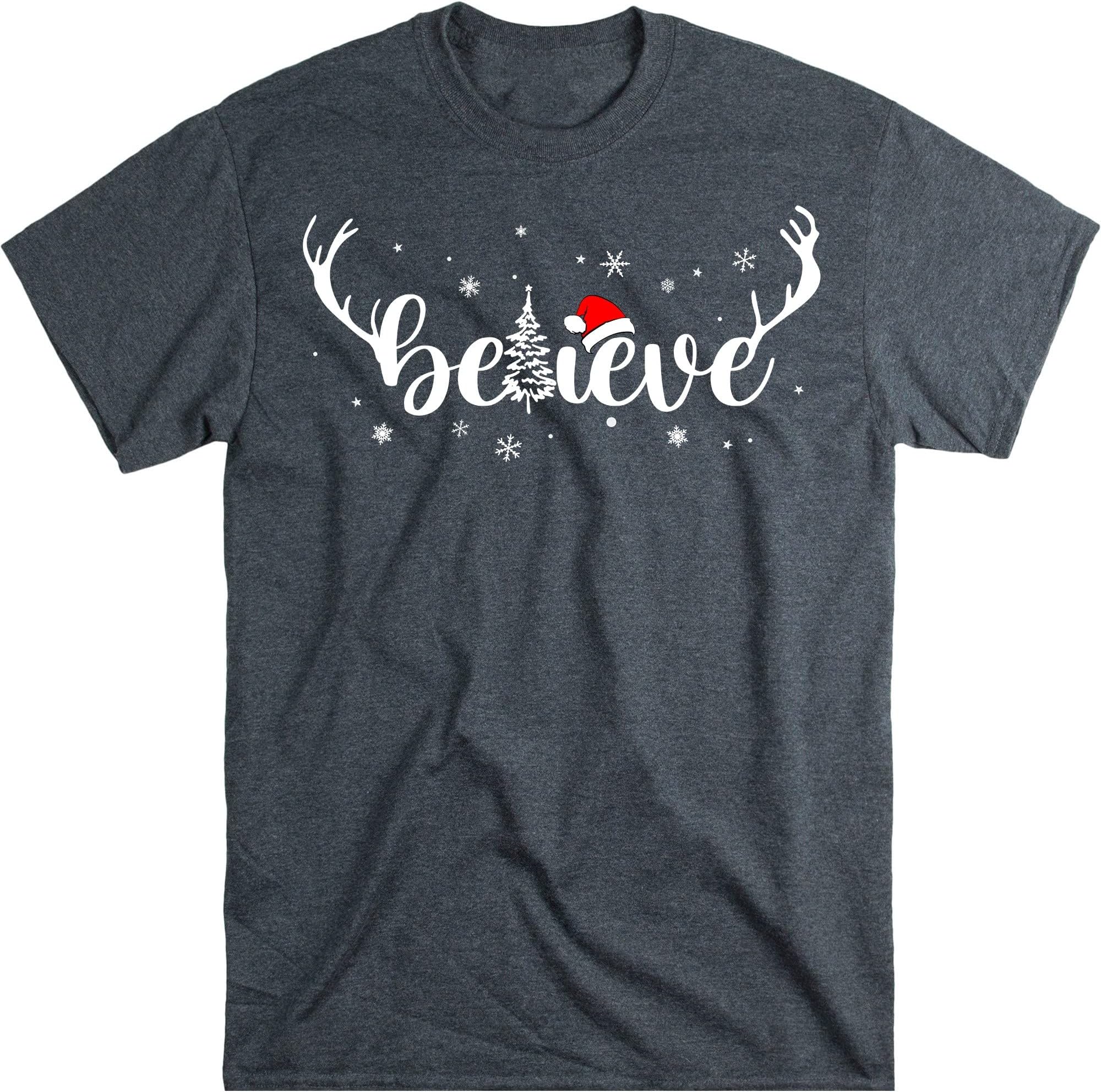 Christmas Believe Tree Reindeer Shirt Cute Short Sleeve Christmas Graphic Tee Shirts Tops for Women Christmas Shirts – Dark Heather/3X-Large