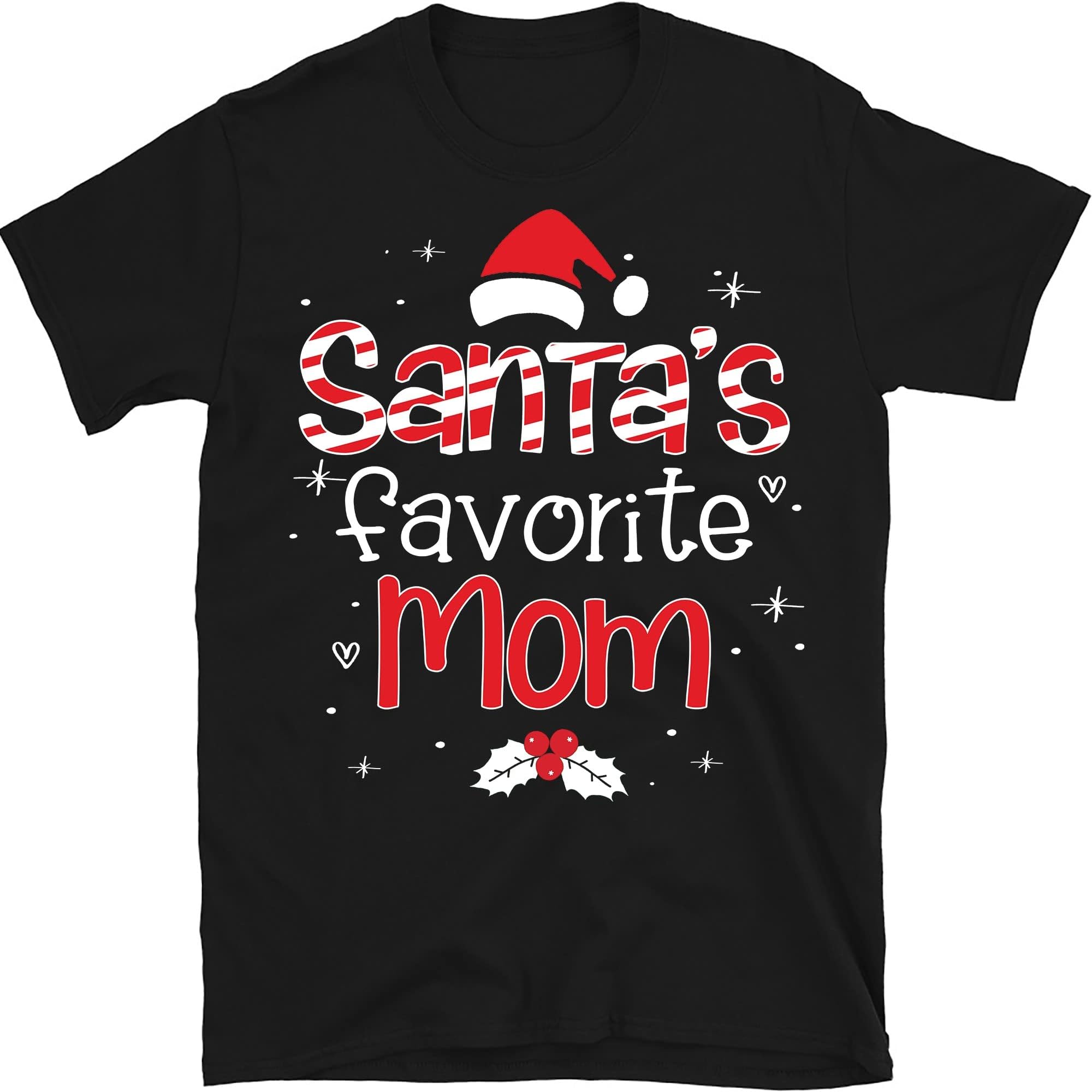 Santa's Favorite Mom Christmas T Shirt Women Plaid Letters Print Mama Tops Cute Santa Hat Graphic Short Sleeve Tee – Black/X-Large