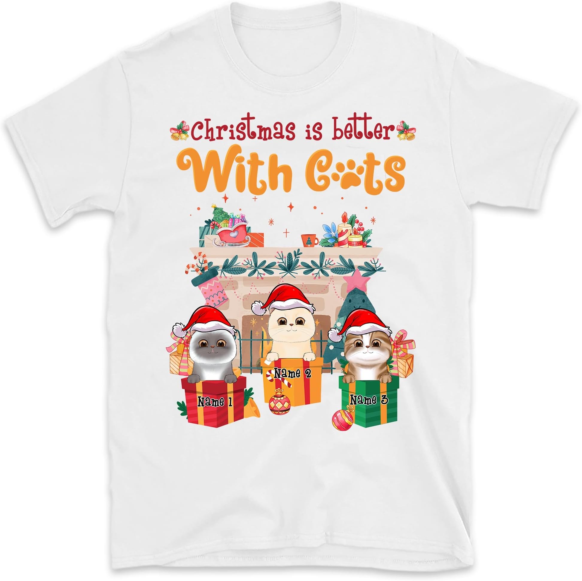 Personalized Christmas Cat T Shirt, Gift for Cat Lovers Men Women Shirts, Custom Cats Shirt, Christmas is Better with Cats