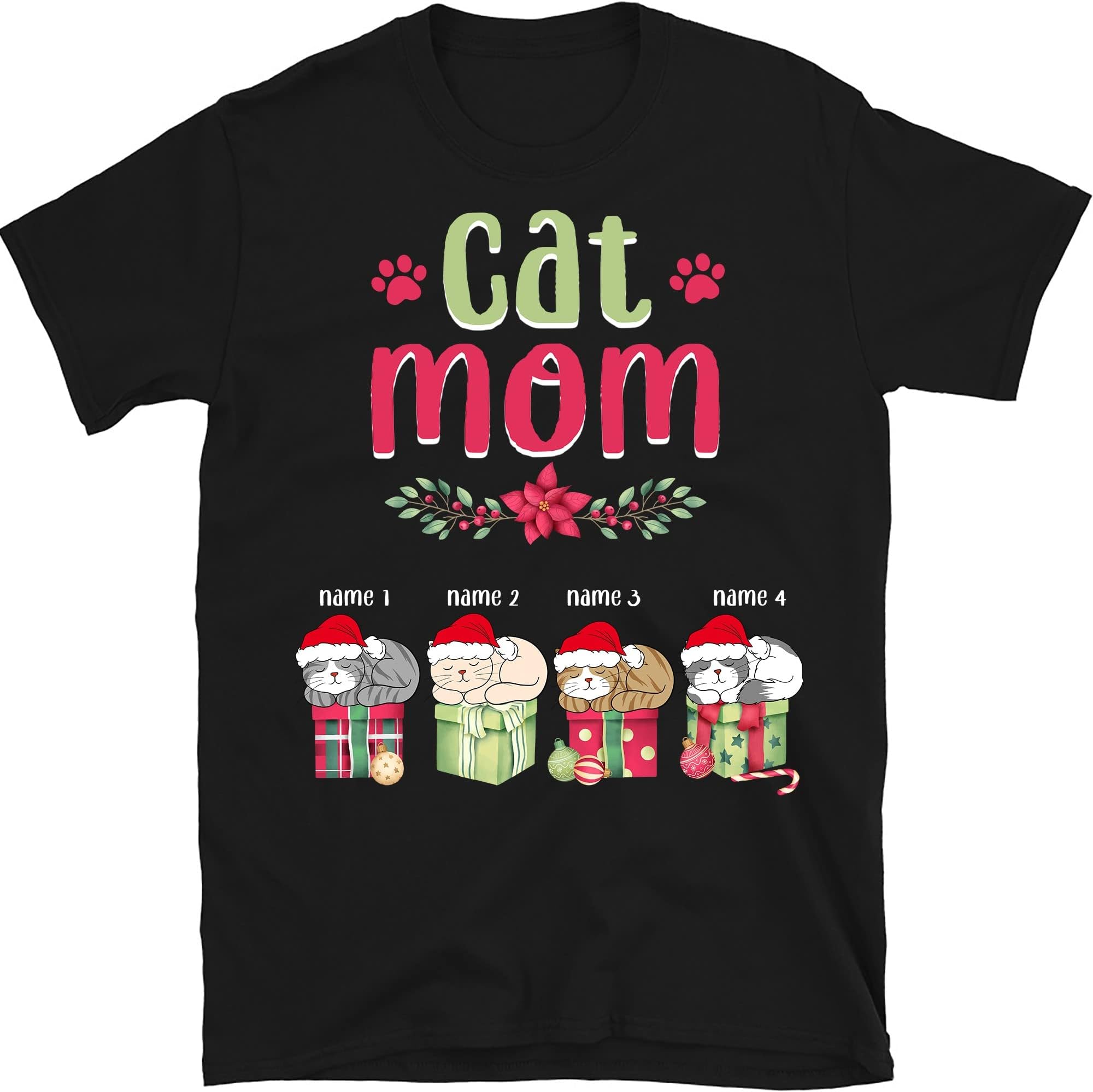 Personalized Christmas Cat T Shirt, Christmas Cat Tree Shirt, Gift for Cat Lovers Men Women Shirts, Custom Cat Shirt, Gift for Cat Lover Multicolored