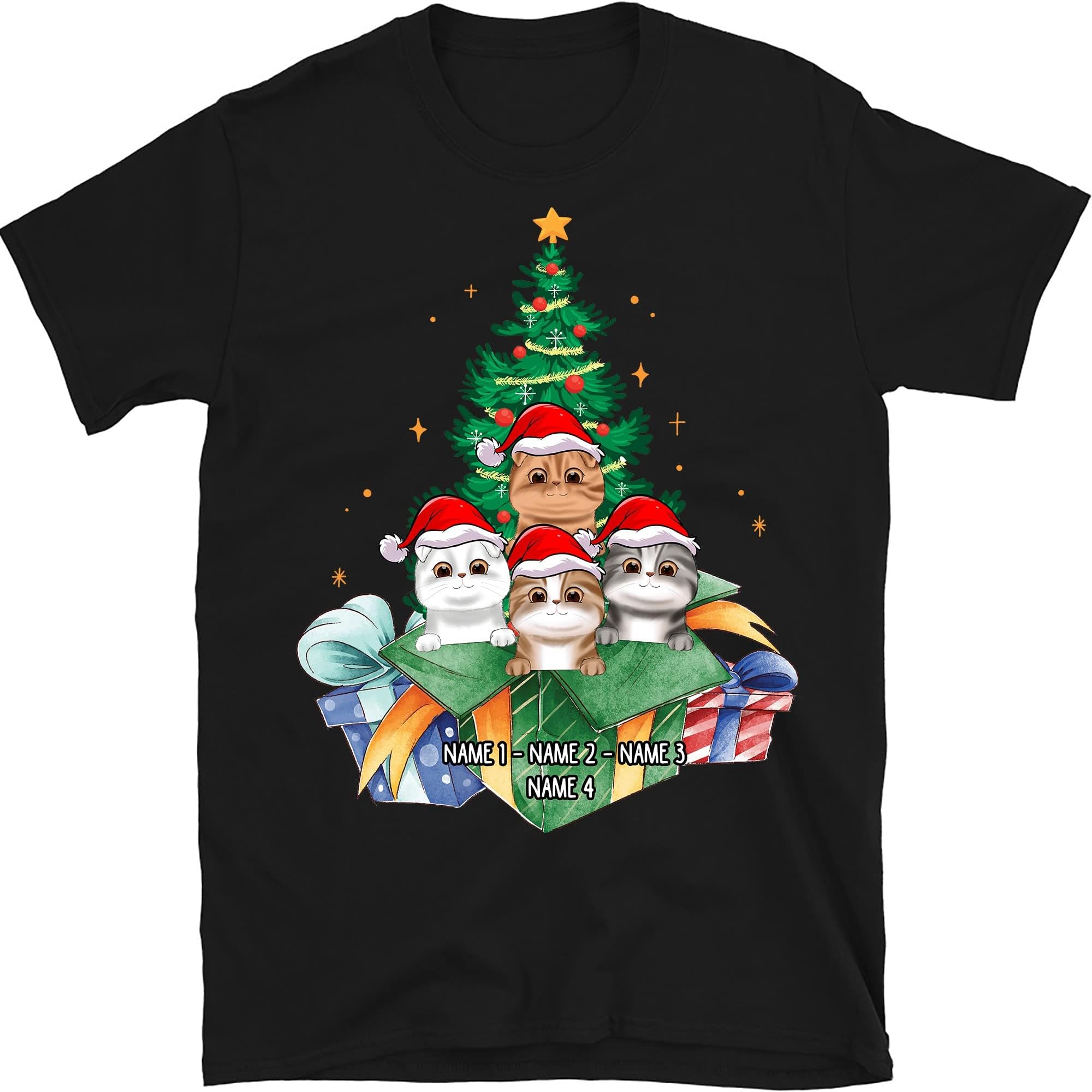 Personalized Christmas Cat T Shirt, Christmas Cat Tree Shirt, Gift for Cat Lovers Men Women Shirts, Custom Cats Shirt Multicolored