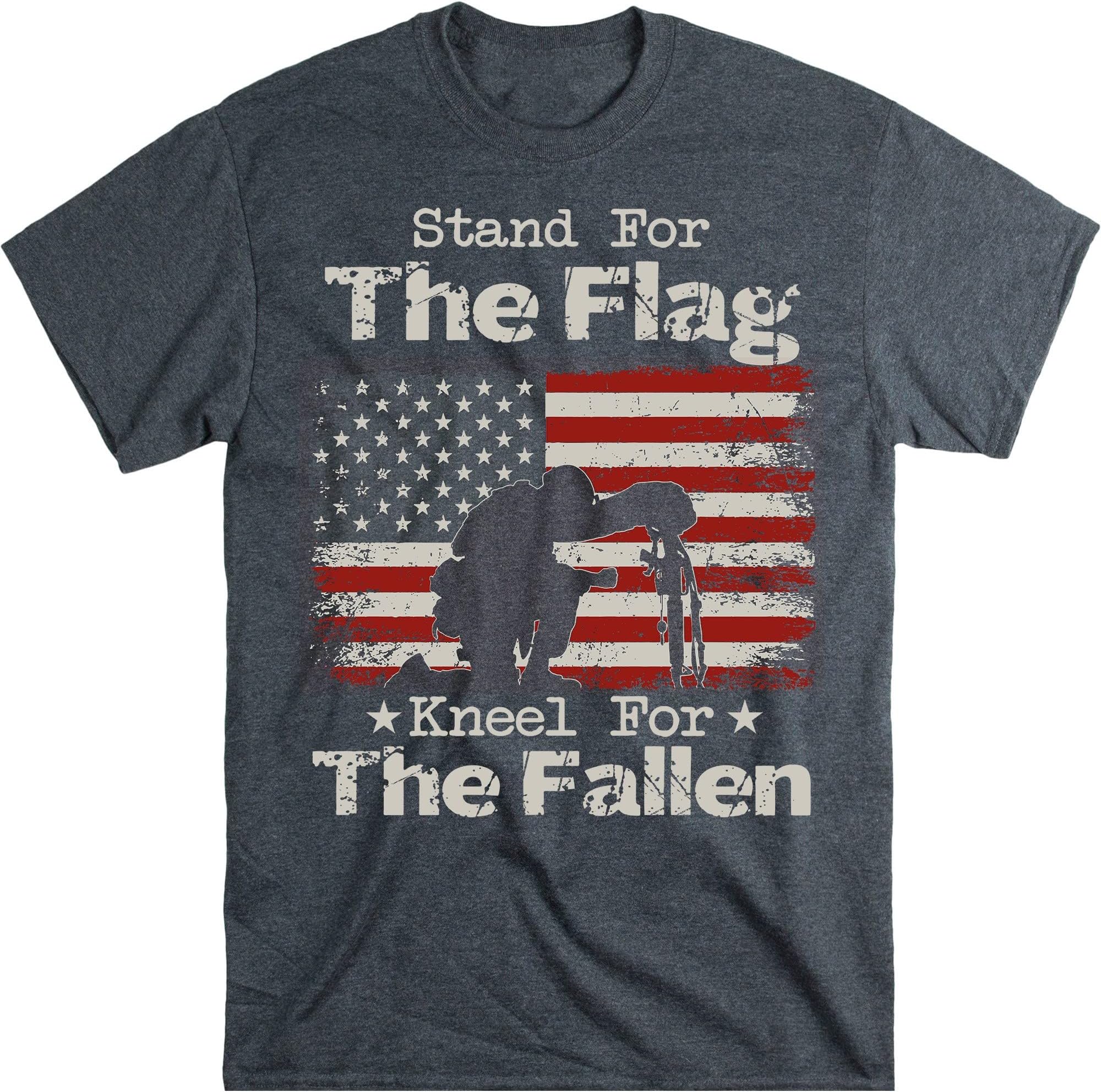 Patriotic Military Veteran American Flag Stand for Men Women T-Shirt, Stand for The Flag Kneel for The Fallen Shirt – Dark Heather/Medium