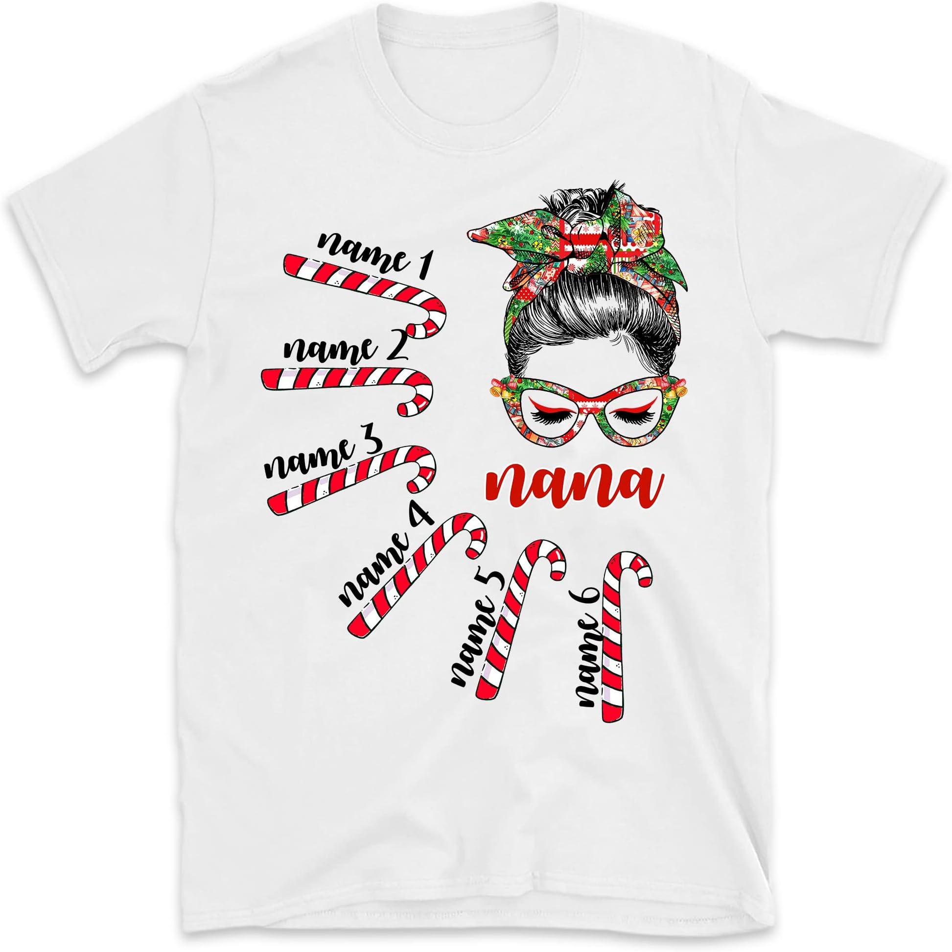Personalized Grandma Christmas Shirt, Messy Bun Mom Nana Candy Canes, Custom Grandkids Grandma T-Shirt, for Grandpa, Mom, Dad, Gigi, Mimi, Kids Names Shirt Multicolored