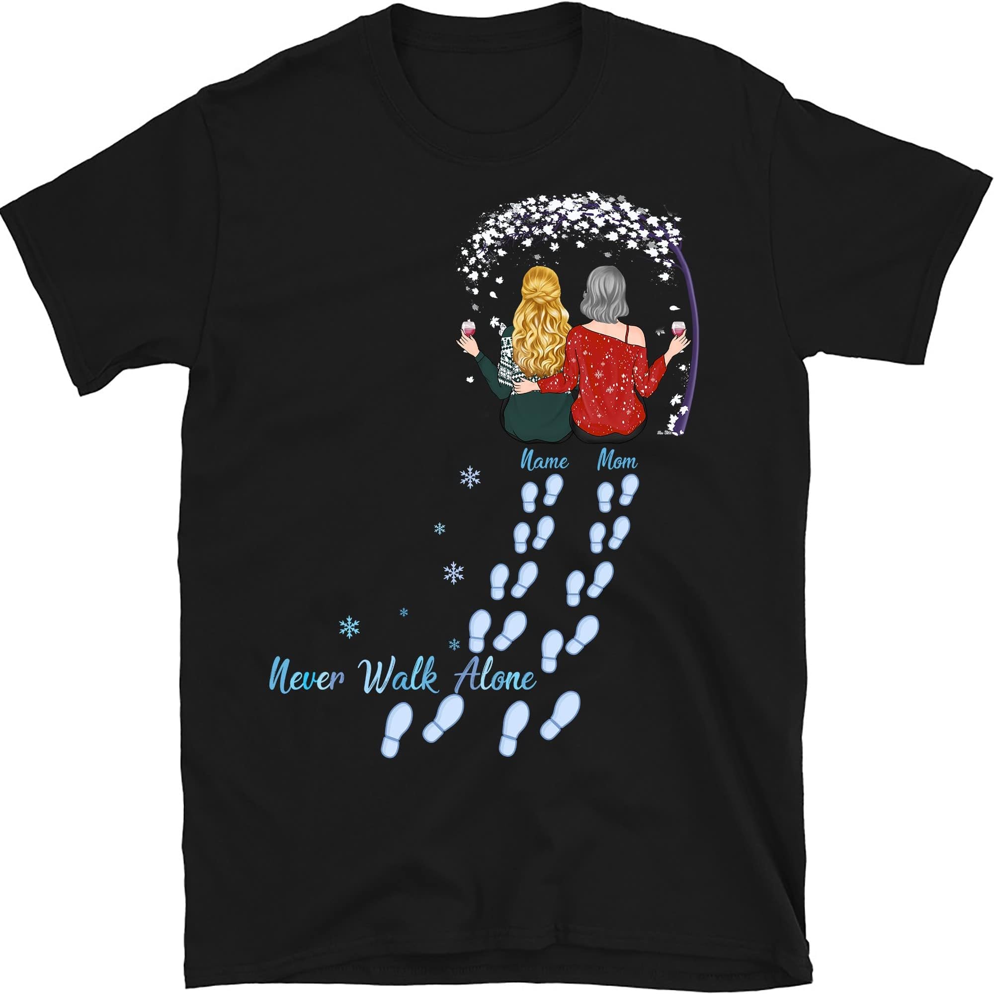 Personalized Mother Daughter Christmas T-Shirt, Never Walk Alone Mother and Daughter Shirts, Custom Christmas Mom Girl Shirts, Motherhood X Mas Shirt Multicolored