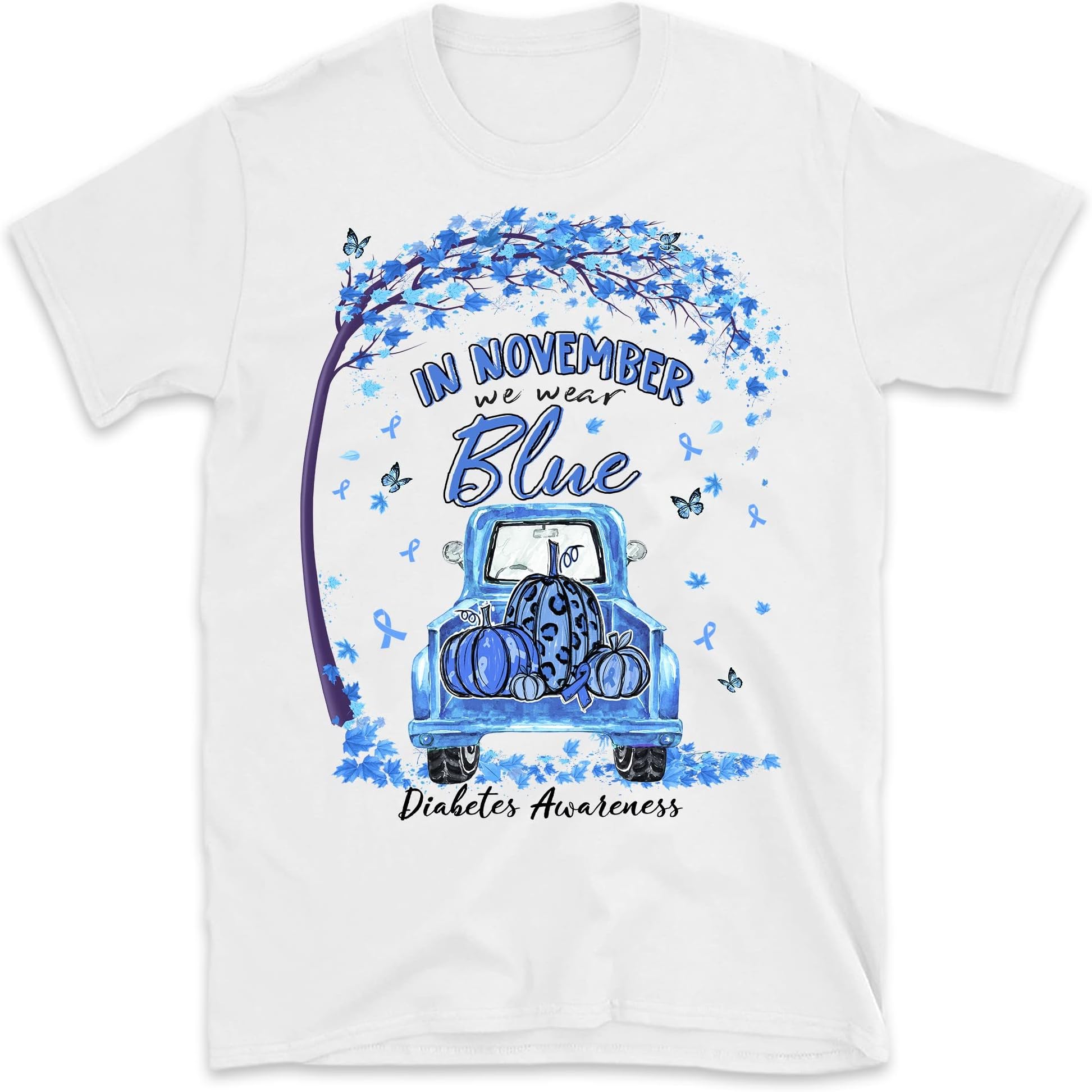 in November We Wear Blue Diabetes Awareness T-Shirt, Diabetes Support T-Shirt, Diabetes Pumpkin Truck Shirt – White/Medium