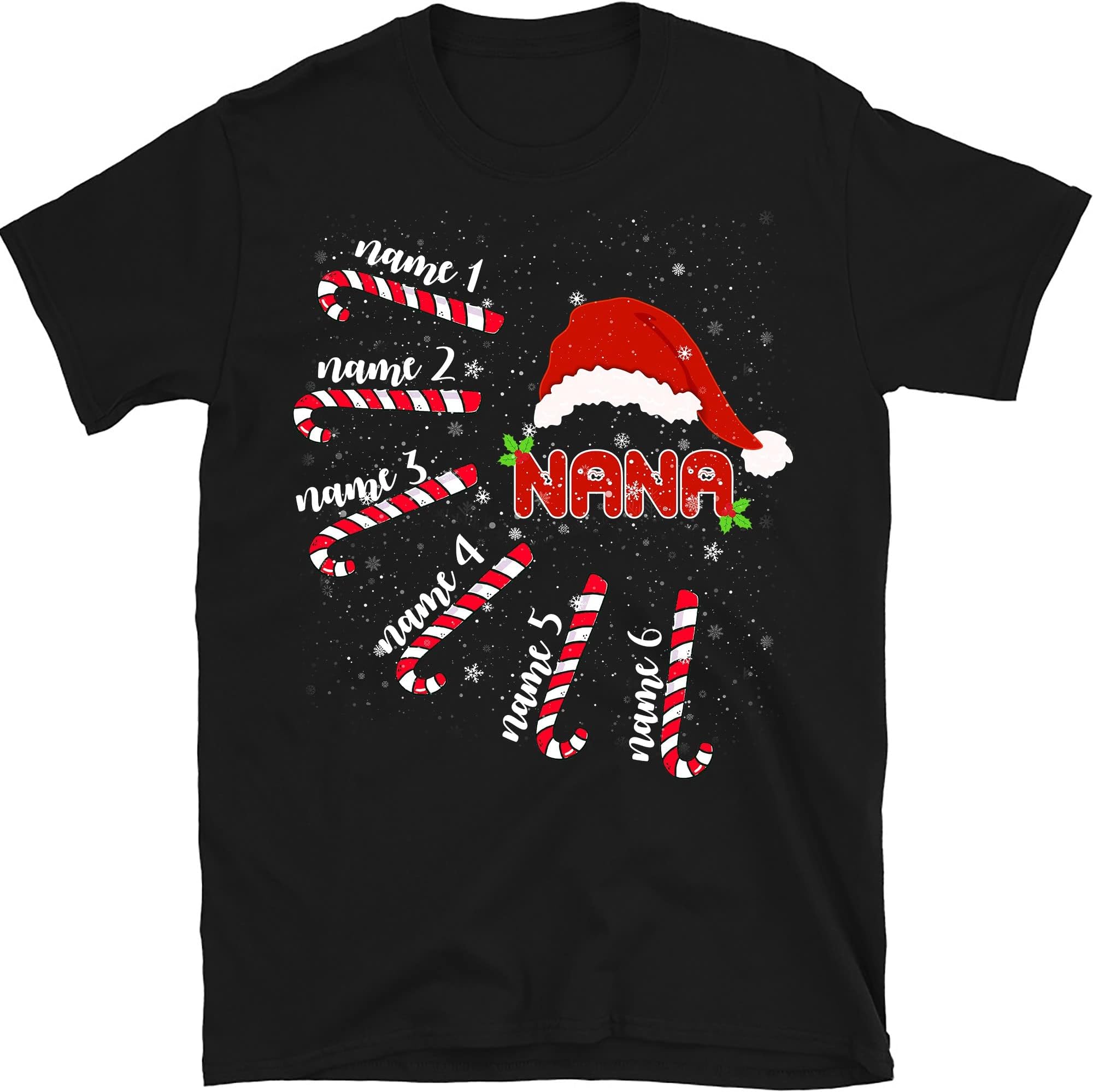 Personalized Nana Christmas Shirt, Nana's Christmas Candy Canes, Custom Grandkids Grandma T-Shirt, for Grandpa, Mom, Dad, Gigi, Mimi, Kids Names Shirt Multicolored