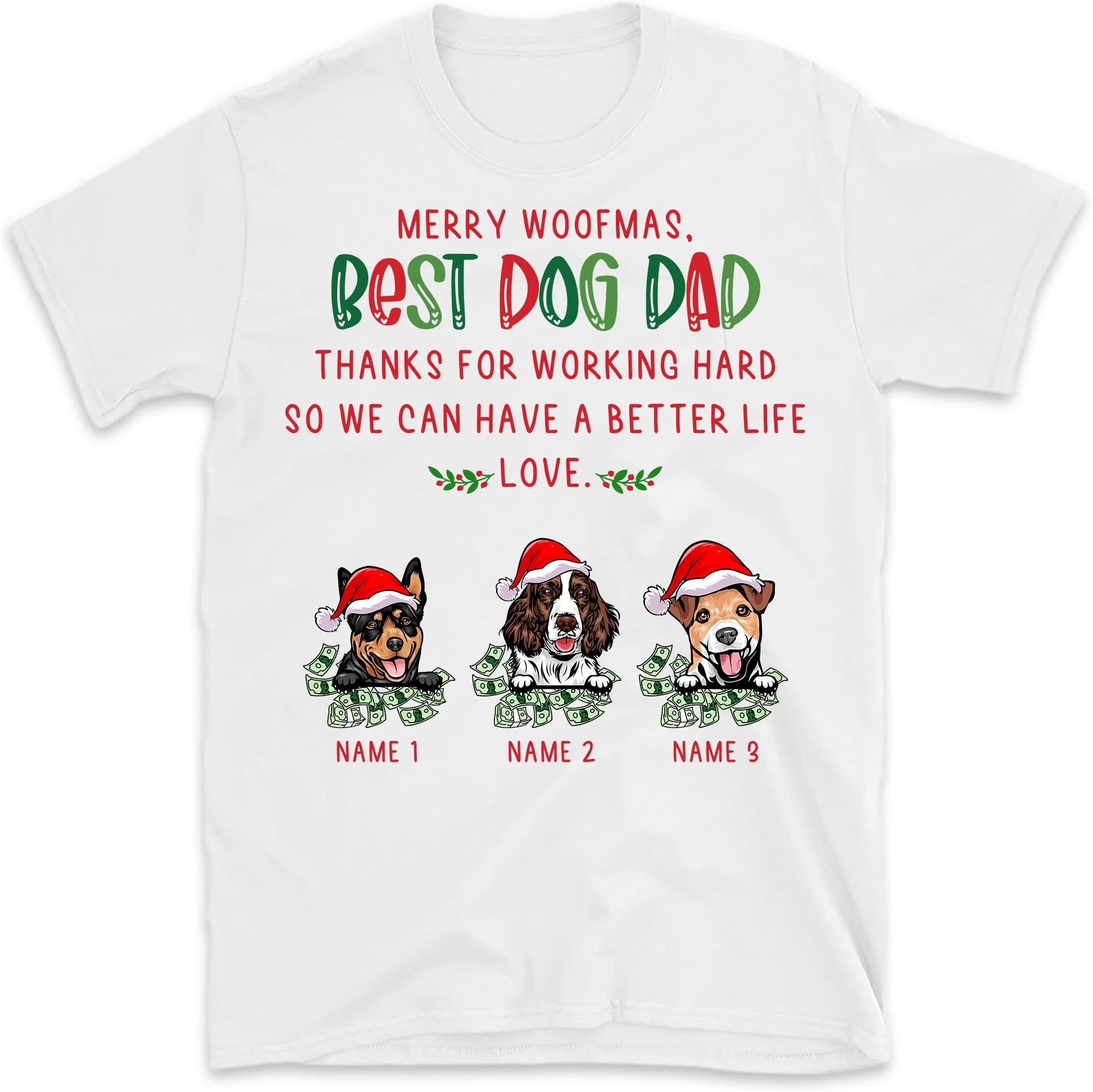 Personalized Christmas Dog Mom T-Shirt Merry Christmas, Funny Dog Lovers Shirt, Merry Woofmas Best Dog Mom Thanks for Working Hard So We Can Have A Better Life Multicolored