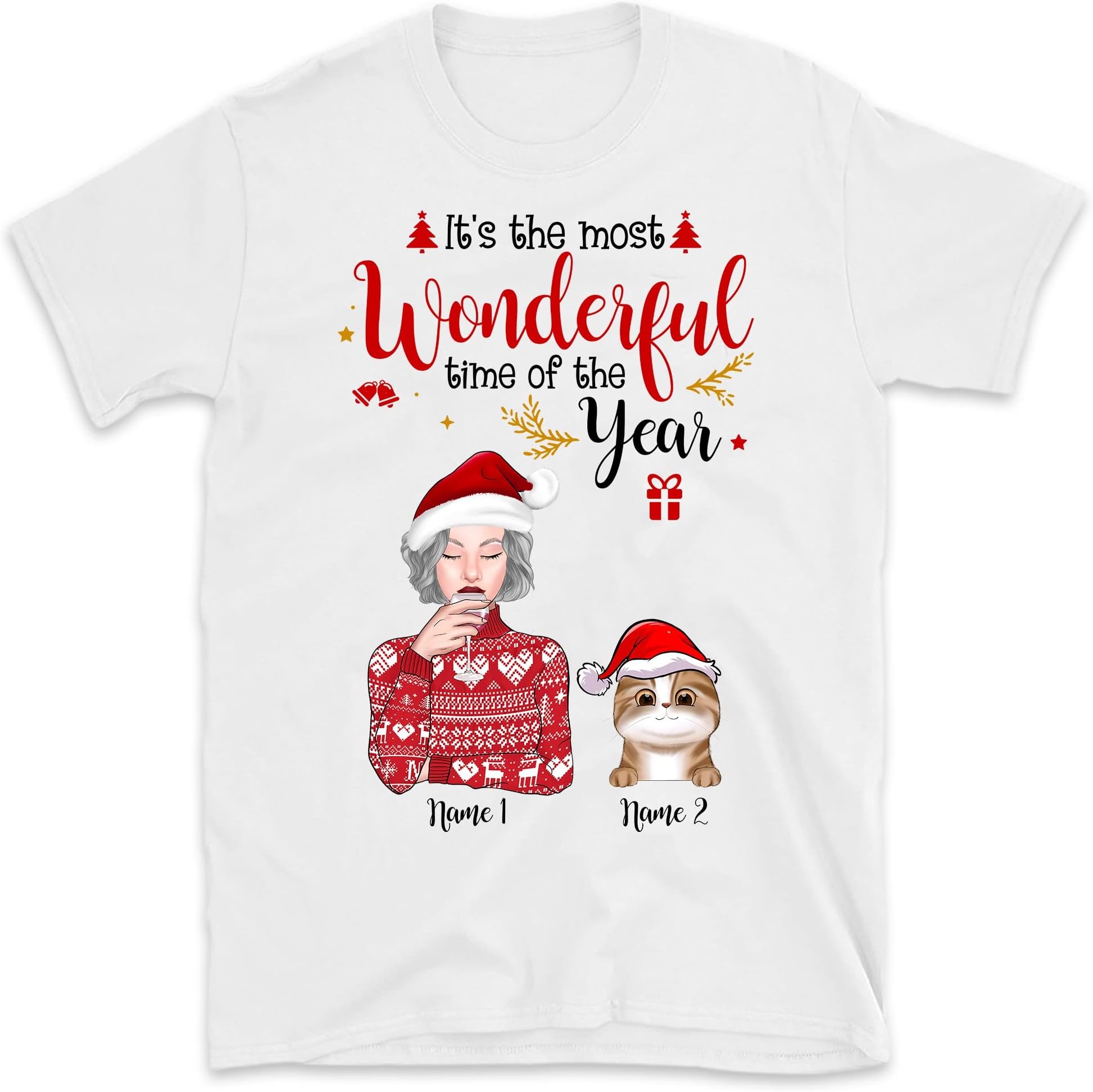 Personalized Christmas Cat Mom T Shirt, It's The Most Wonderful Time of The Year Christmas Shirt, Custom Cat Christmas Shirt, Just a Girl Who Loves Cats Shirt, Gift for Cat Girl Multicolored