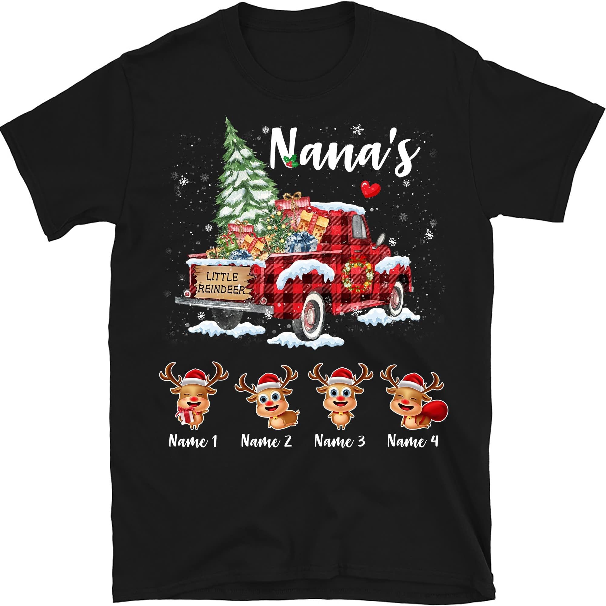 Personalized Nana's Little Reindeer Red Truck Tree Shirt,Custom Gigi with Kids Name T Shirt,Christmas Grandma Mom Shirt,for Grandma,Mom,Nana,Mimi,Christmas Women Tee,Multicolor
