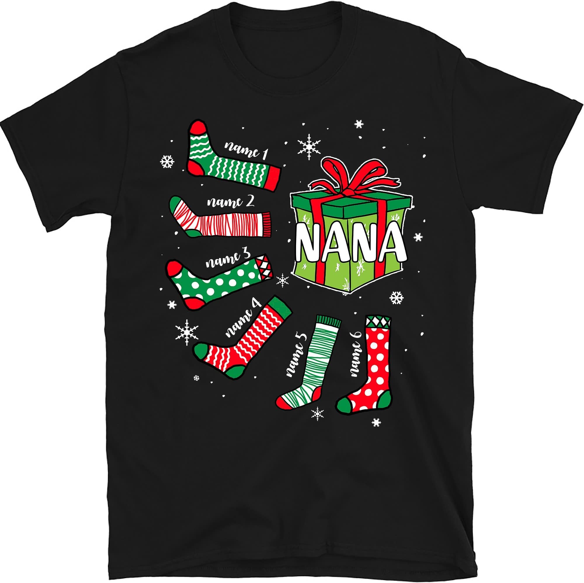 Personalized Nana Christmas Shirt, Nana's Christmas Stockings, Custom Grandkids Grandma T-Shirt, for Grandpa, Mom, Dad, Merry Christmas, Grandkids Names Shirt Multicolored