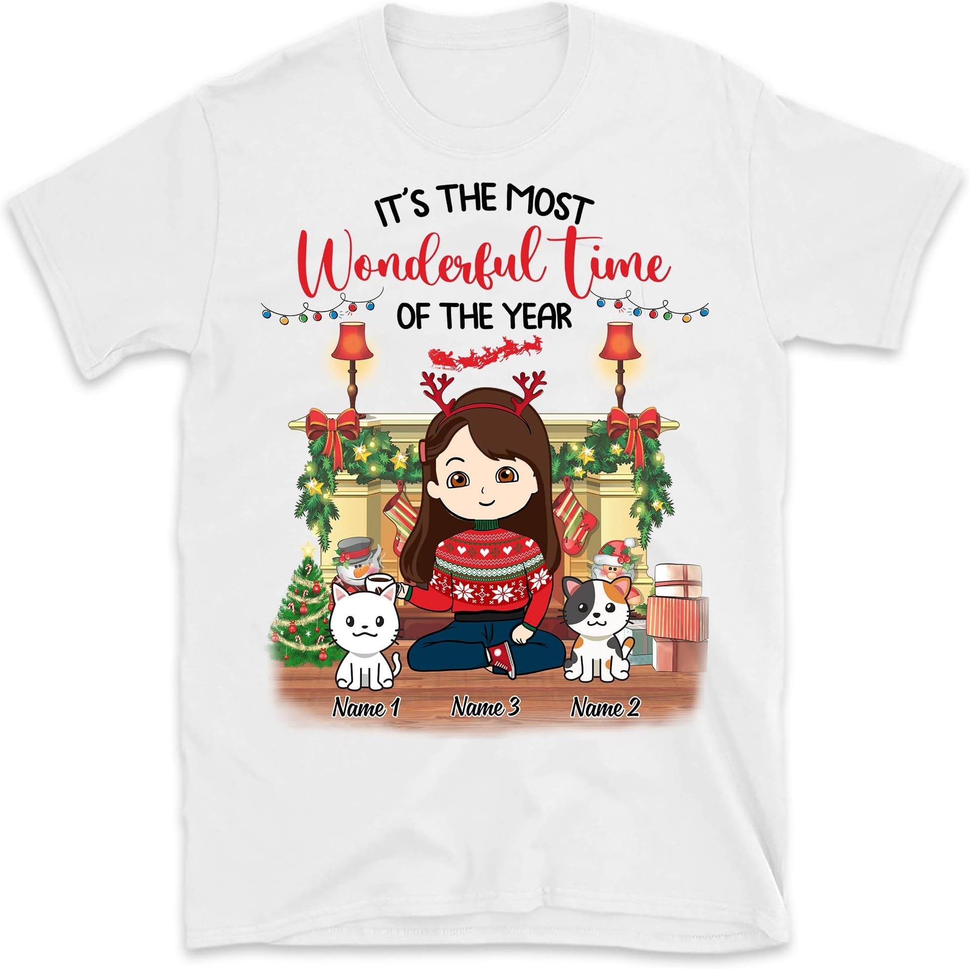 Personalized Christmas Cat Mom T Shirt, Just a Girl Who Loves Her Cats T Shirt, Custom Funny Cat Lovers Shirt, It's The Most Wonderful Time of The Year Multicolored