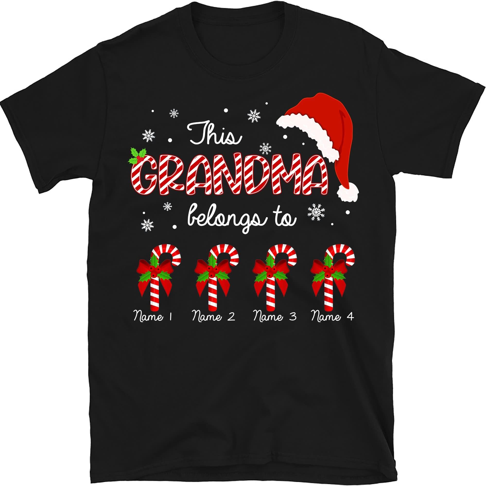 Grandma with Grandkids Name Christmas Personalized T Shirt, This Grandma Belong To Christmas Candy Cane Shirt, Custom Grandma Shirt, Christmas Shirts Gift for Nana Mimi Mom Women Grandmother
