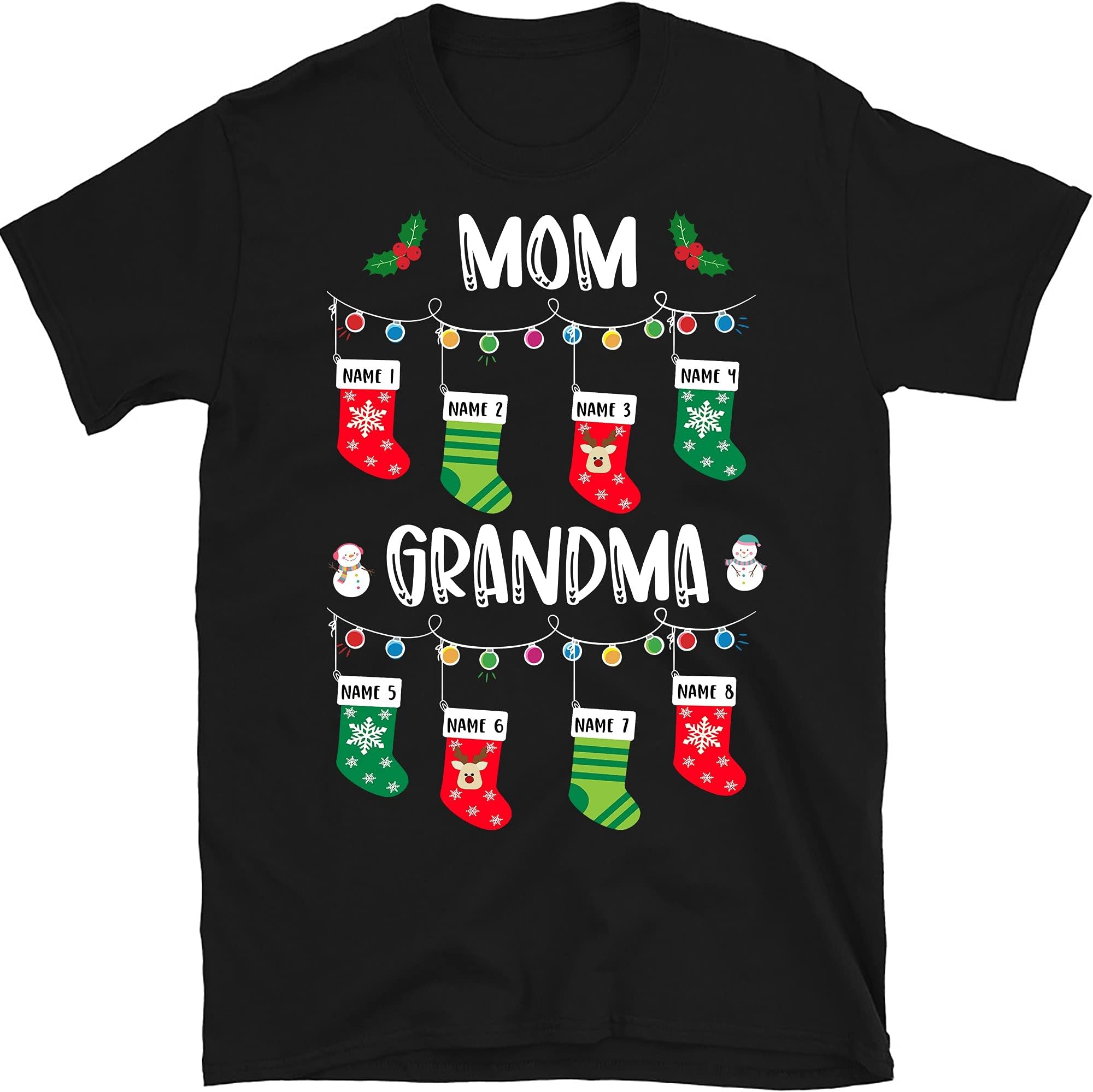 Personalized Mom Grandma Christmas Stocking Shirt, Custom Grandkids Grandma T Shirt, for Grandpa, Mom, Dad, Merry Christmas, Grandkids Names Shirts, Multicolored
