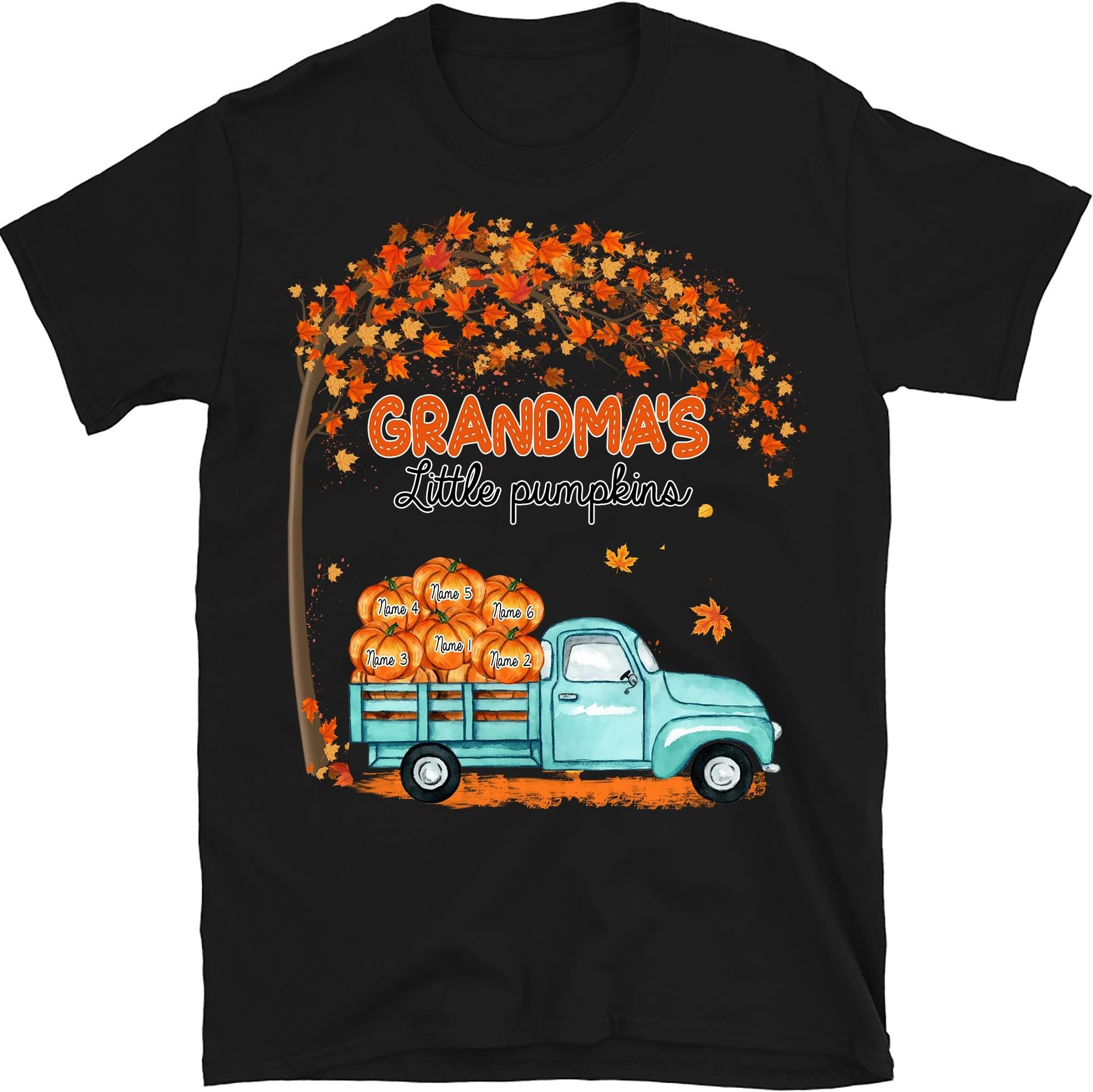Personalized Fall Grandma's Little Pumpkins Shirt, Custom Halloween Thanksgiving Kids Nana Shirt with Grandkid's Names, Gift for Mimi Gigi Dad Papa Mom Women Men Tee