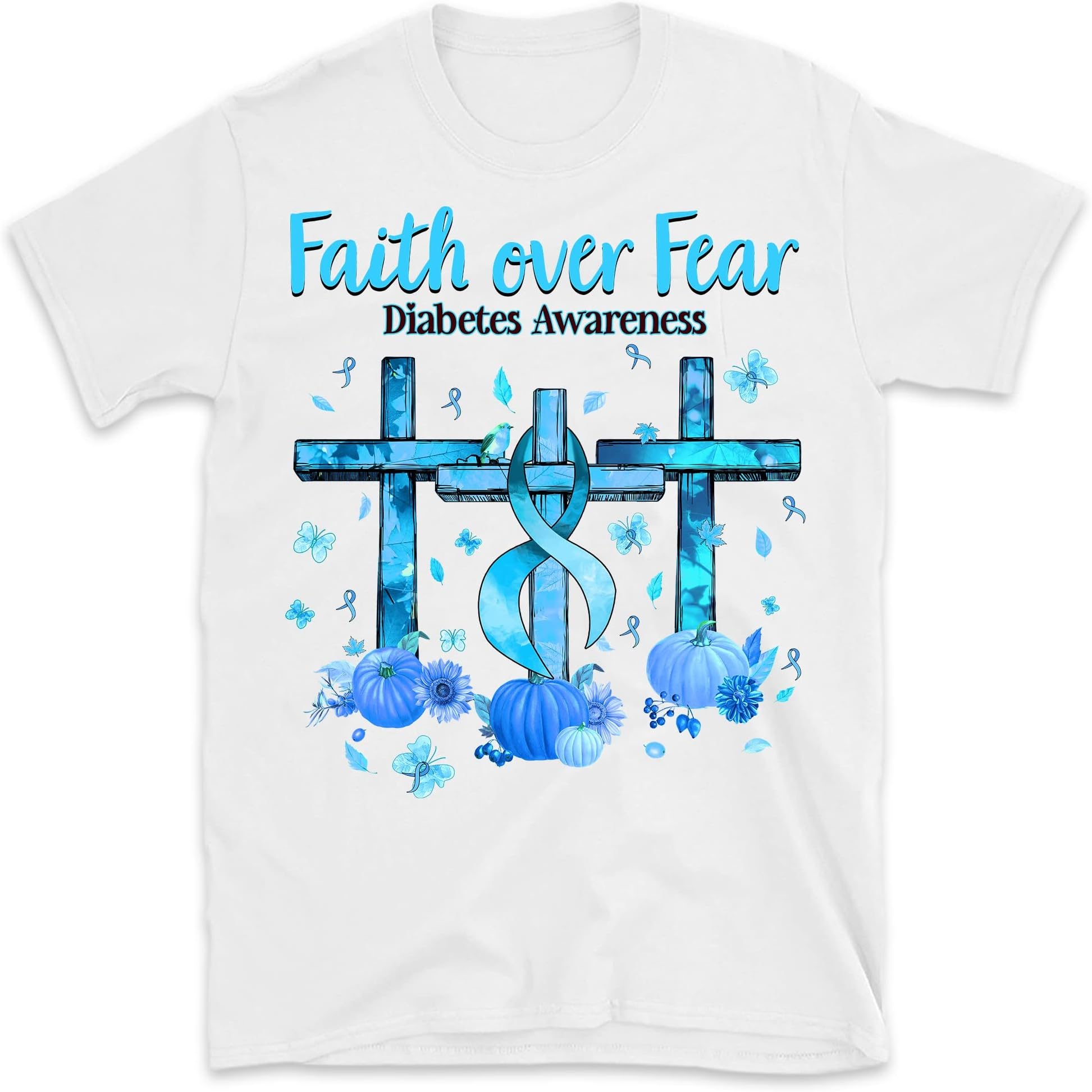 Diabetes Awareness Shirt, Pumpkin Faith Over Fear Diabetes Support Shirt, in November We Wear Blue Blessed Jesus Cross Shirt – White/Small