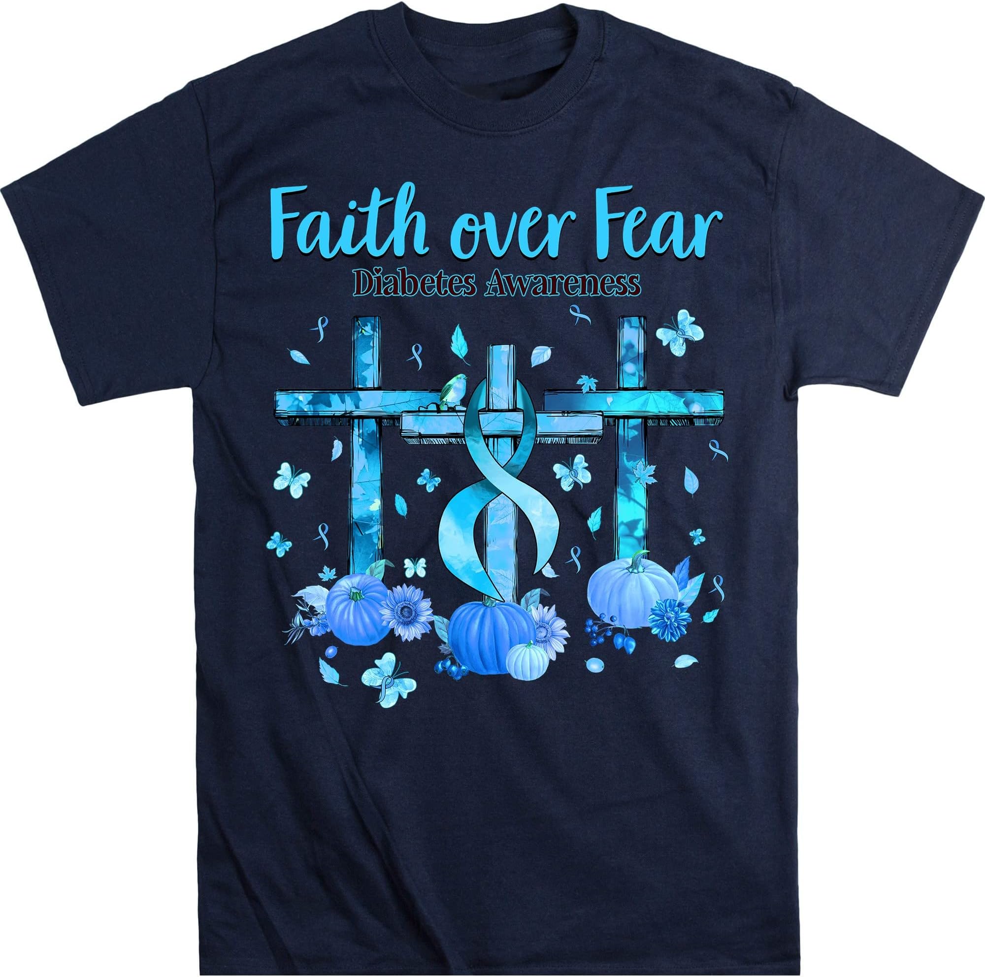 Diabetes Awareness Shirt, Pumpkin Faith Over Fear Diabetes Support Shirt, in November We Wear Blue Blessed Jesus Cross Shirt – Navy/Large