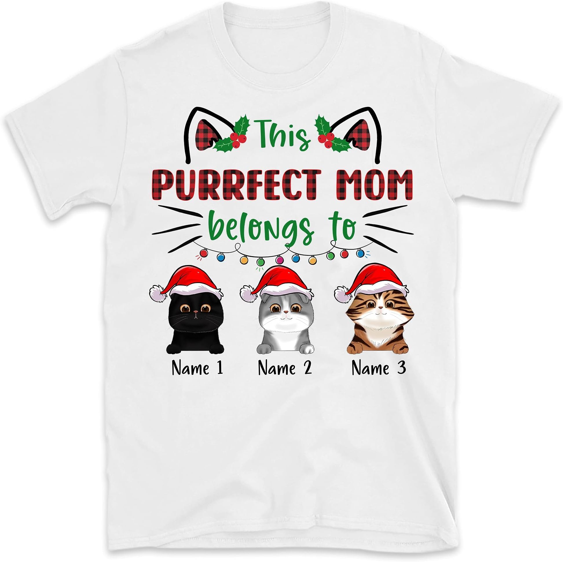 Personalized Christmas Cat Mom T Shirt, Custom Cat Girl Shirt, Funny Cat Lover Merry Christmas Shirts, This Purrfect Mom Belongs to
