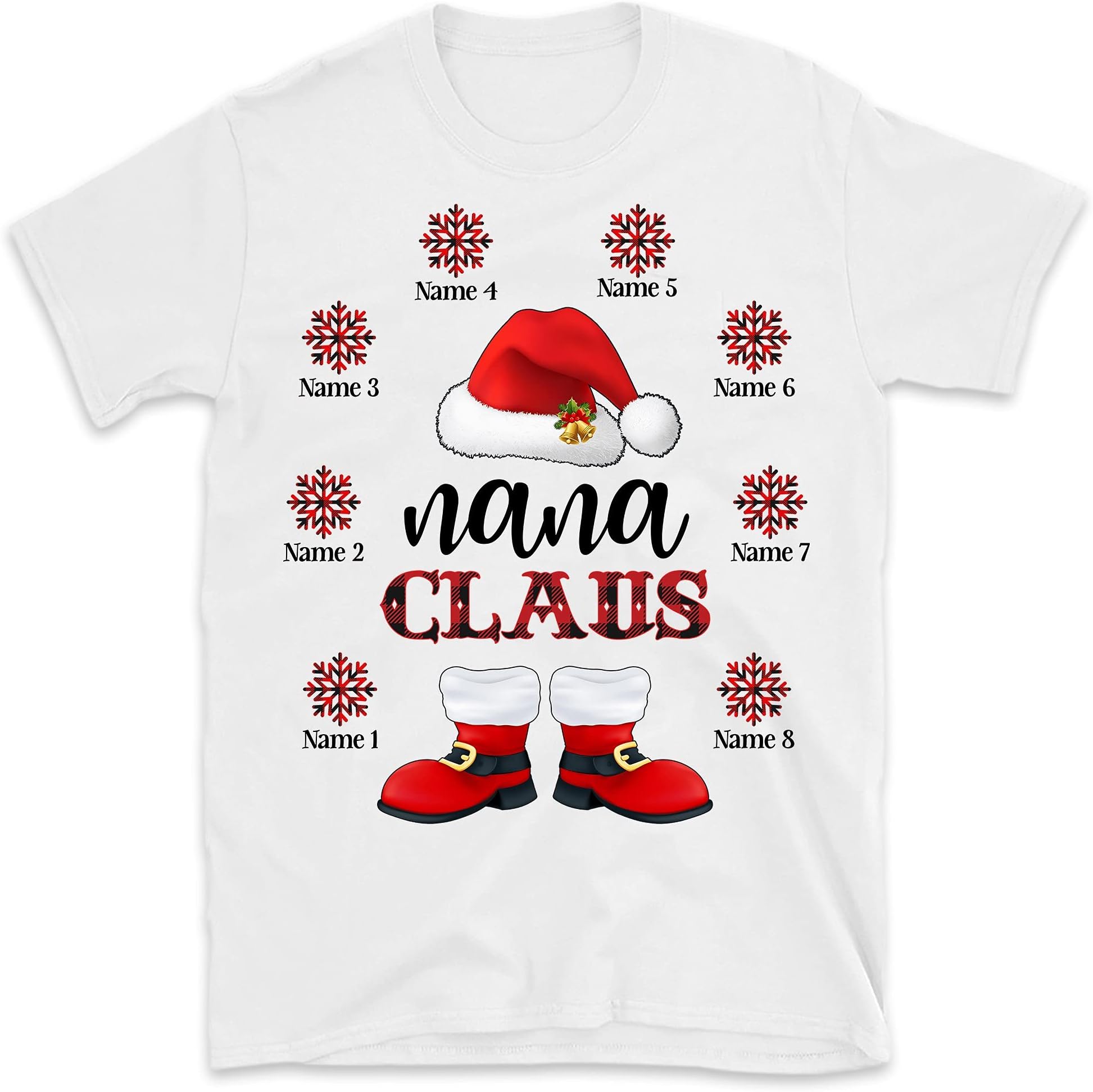 Personalized Grandma Claus Christmas Shirt, Custom Grandkids Grandpa T Shirt, Snowflakes for Nana, Mom, Dad, Merry Christmas, Grandkids Names Shirts Multicolored