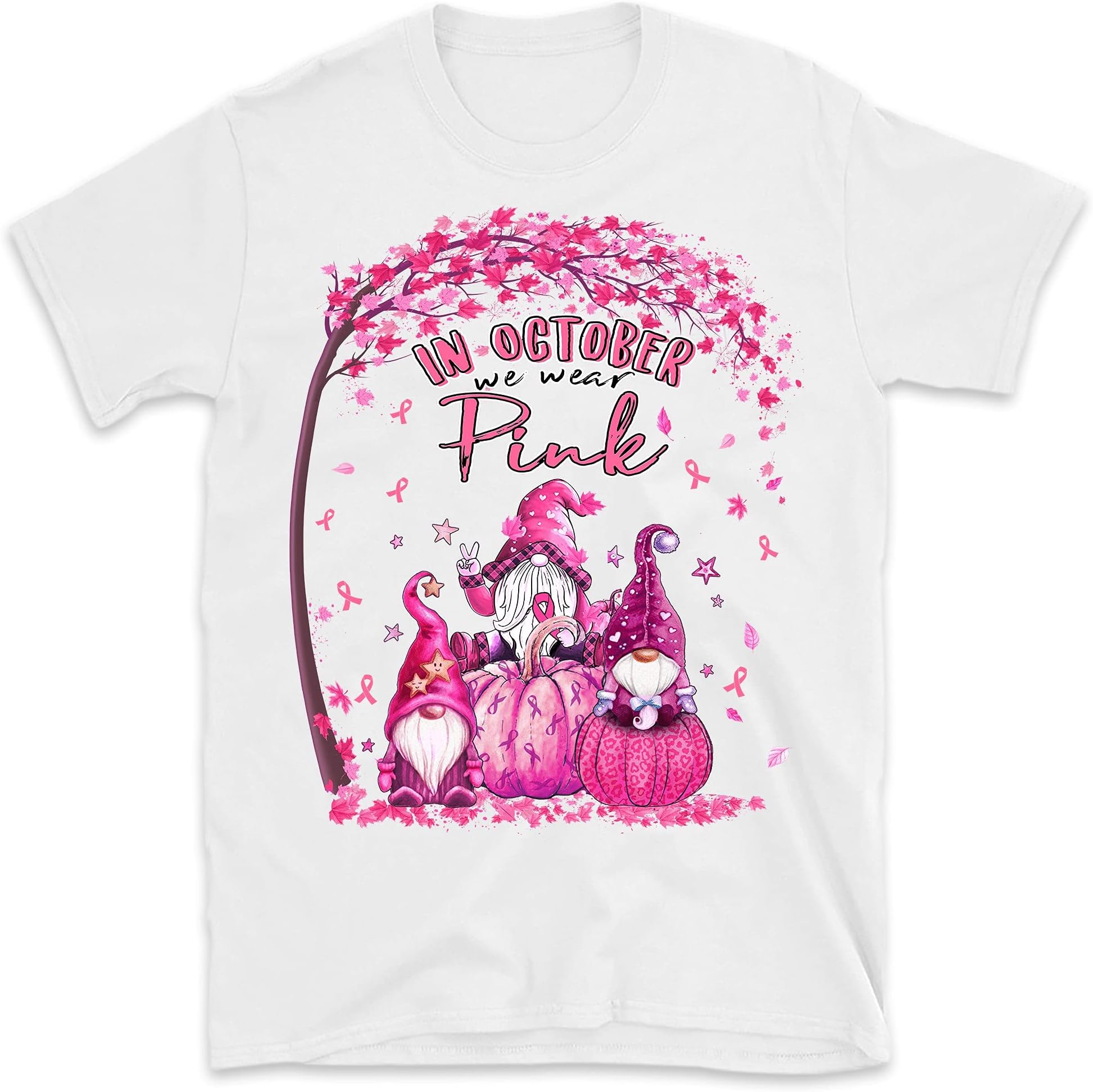 Breast Cancer Awareness Shirt, Pumpkins Breast Cancer Support Shirts, in October We Wear Pink Gnome Ribbon T-Shirt Multicolor