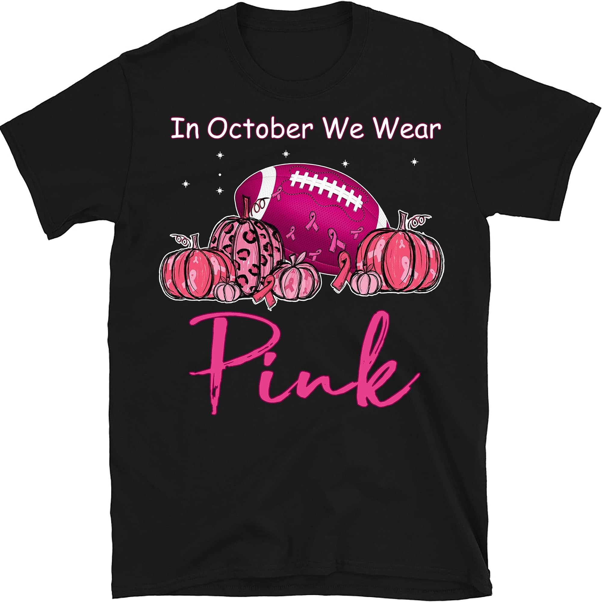 in October We Wear Pink Football Breast Cancer Awareness T-Shirt, Breast Cancer Pumpkins Shirt, Multicolored