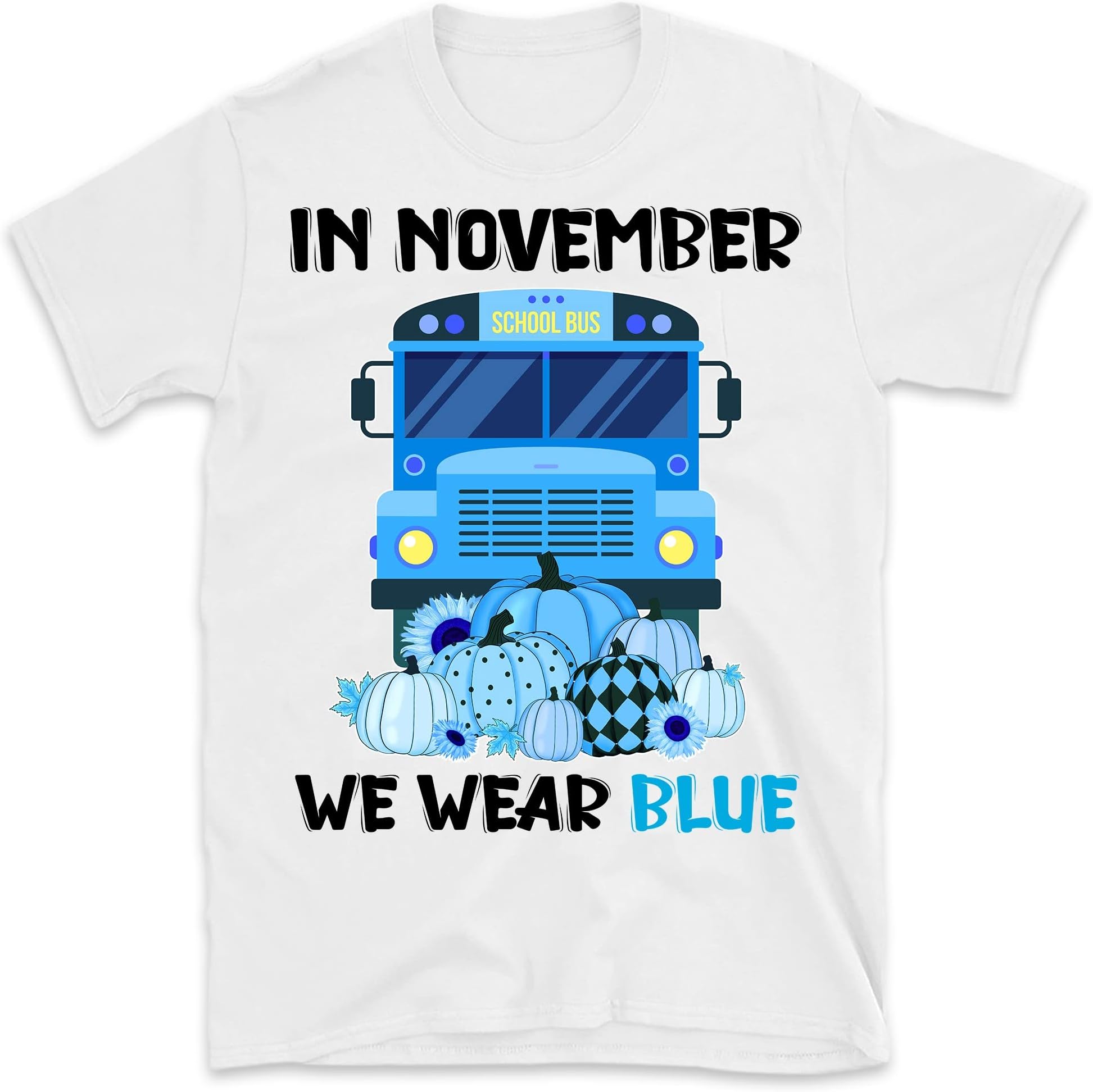 in November We Wear Blue School Bus Diabetes Awareness T Shirt, Diabetes Survivor Shirt – White/Large