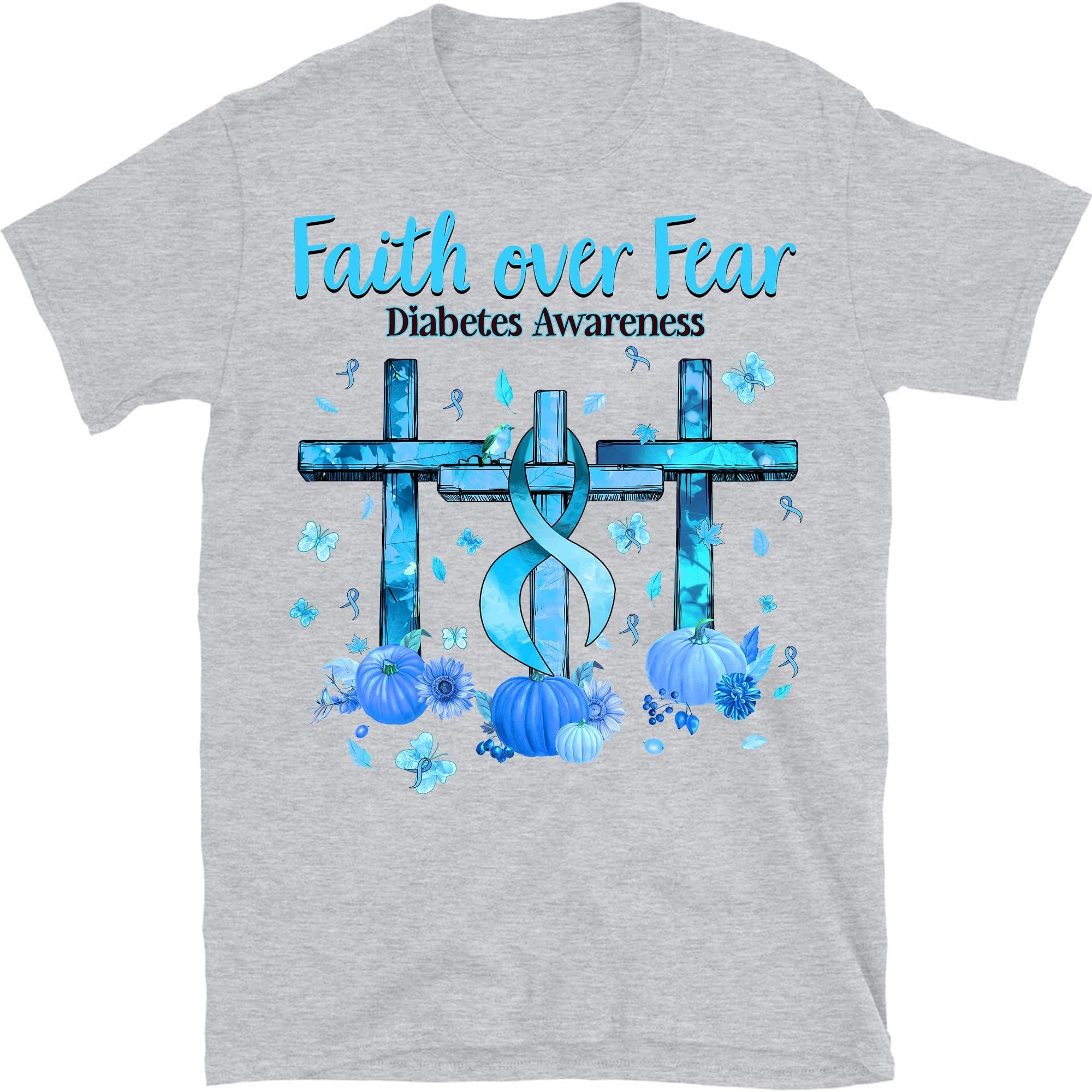 Diabetes Awareness Shirt, Pumpkin Faith Over Fear Diabetes Support Shirt, in November We Wear Blue Blessed Jesus Cross Shirt – Sport Grey/X-Large
