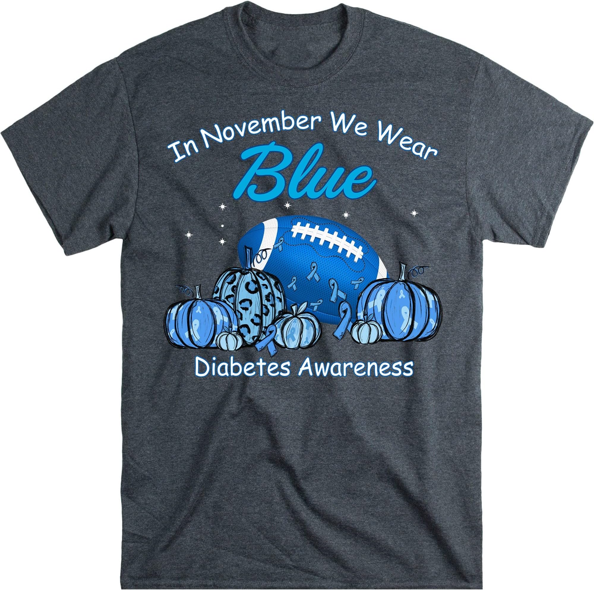 in November We Wear Blue Diabetes Awareness T-Shirt, Diabetes Football Pumpkinshirt, Diabetes Support T-Shirt – Dark Heather/3X-Large