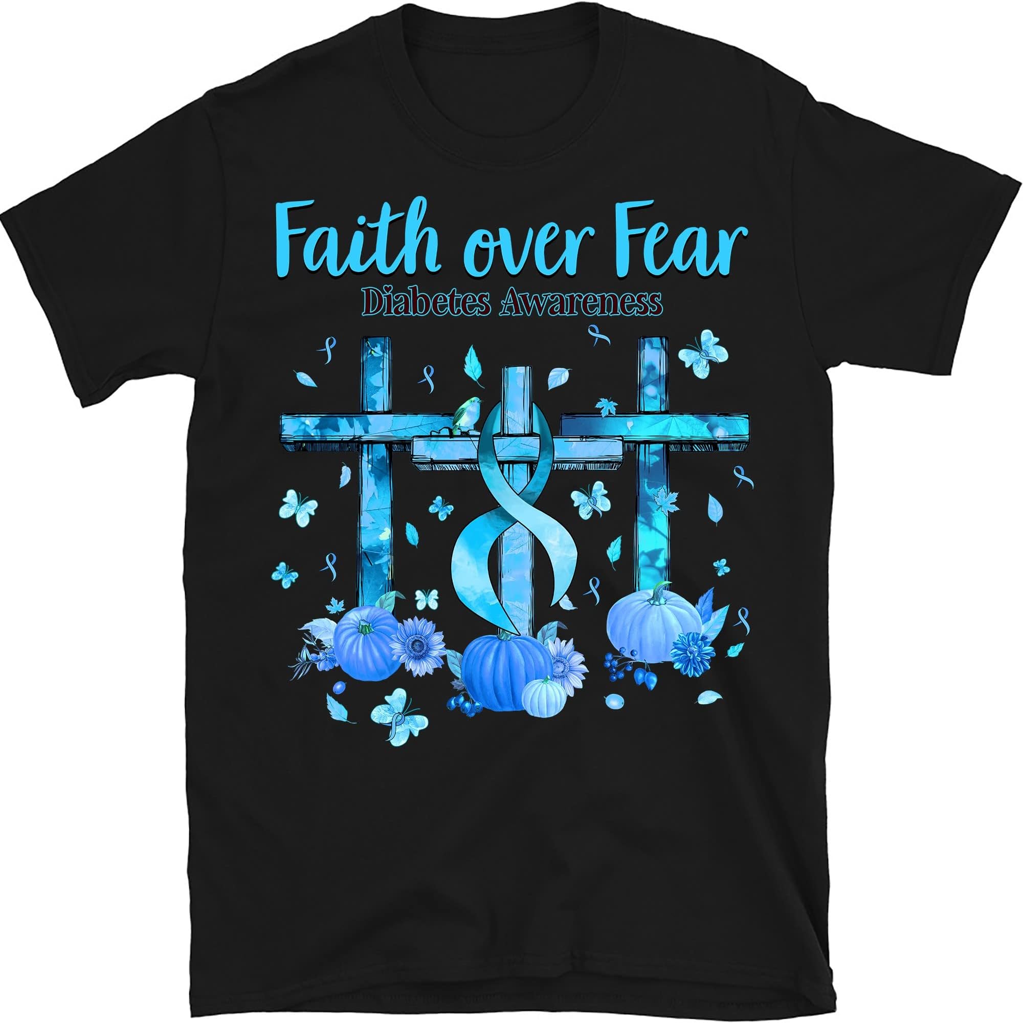 Diabetes Awareness Shirt, Pumpkin Faith Over Fear Diabetes Support Shirt, in November We Wear Blue Blessed Jesus Cross Shirt – Black/XX-Large