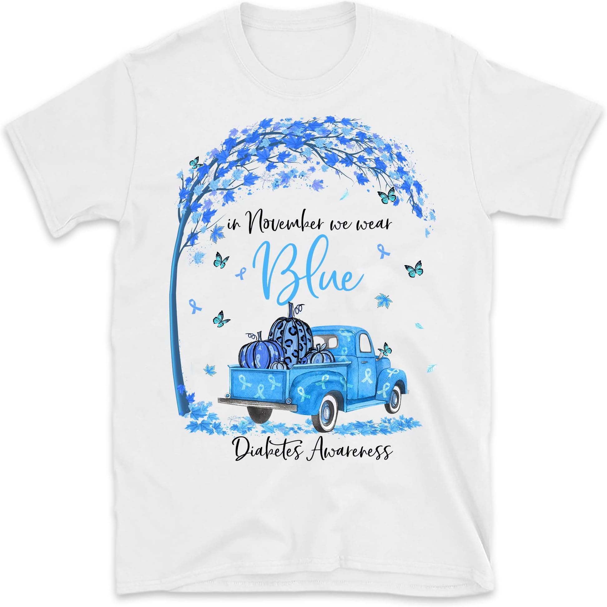 in November We Wear Blue Diabetes Awareness Blue Ribbon T-Shirt, Diabetes Support T-Shirt – White/4X-Large