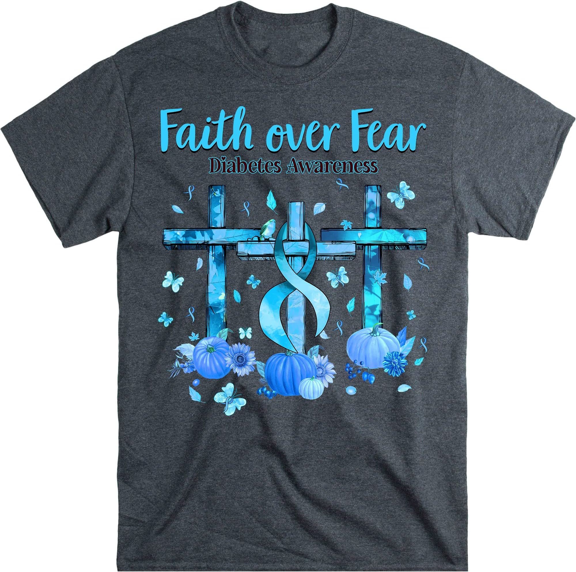 Diabetes Awareness Shirt, Pumpkin Faith Over Fear Diabetes Support Shirt, in November We Wear Blue Blessed Jesus Cross Shirt – Dark Heather/Small