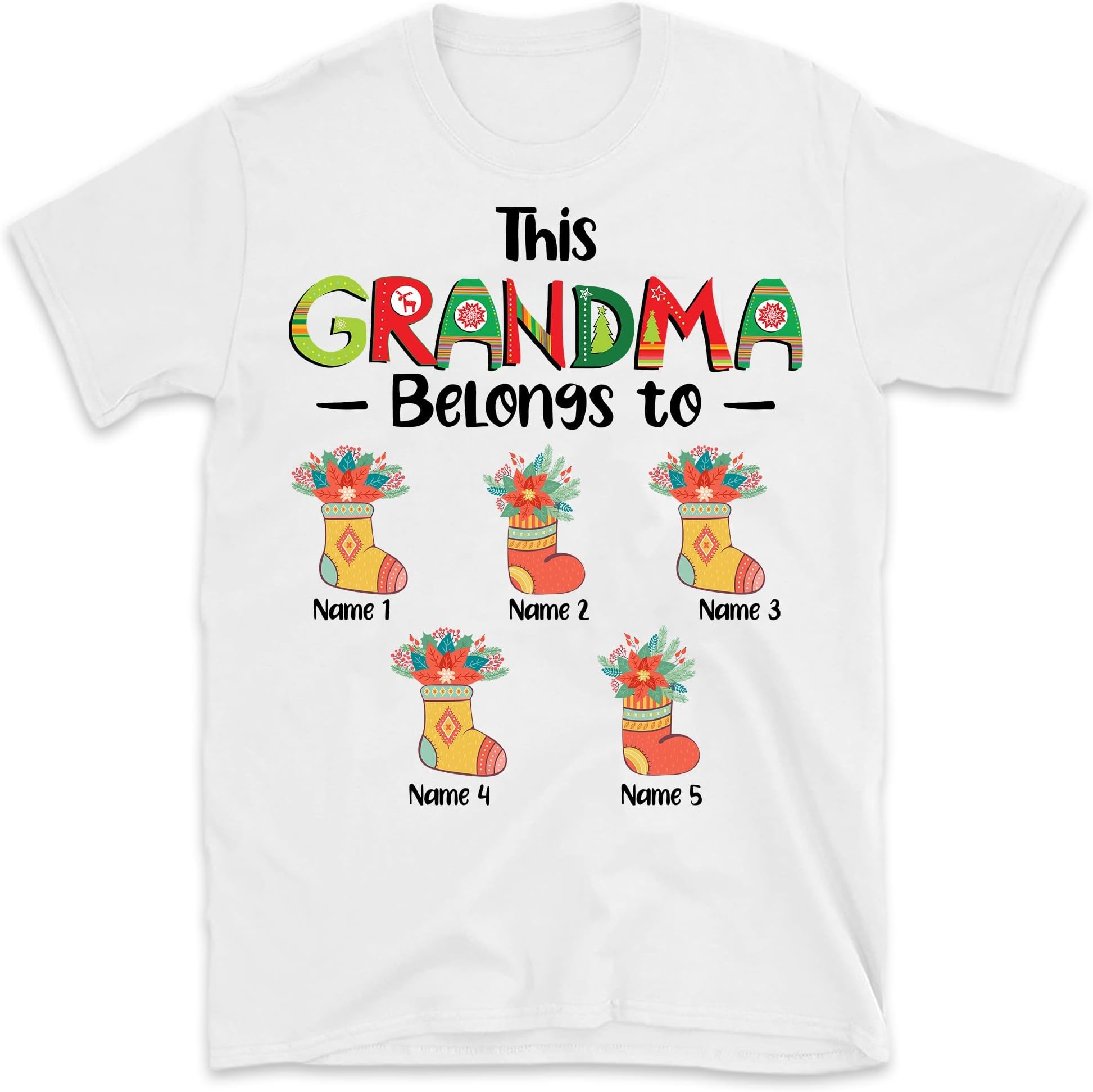 Grandma with Grandkids Name Christmas Personalized T Shirt, This Grandma Belongs to Shirt, Custom Grandma Shirt, Christmas Shirts Gift for Nana Mimi Mom Women Grandmother Multicolored