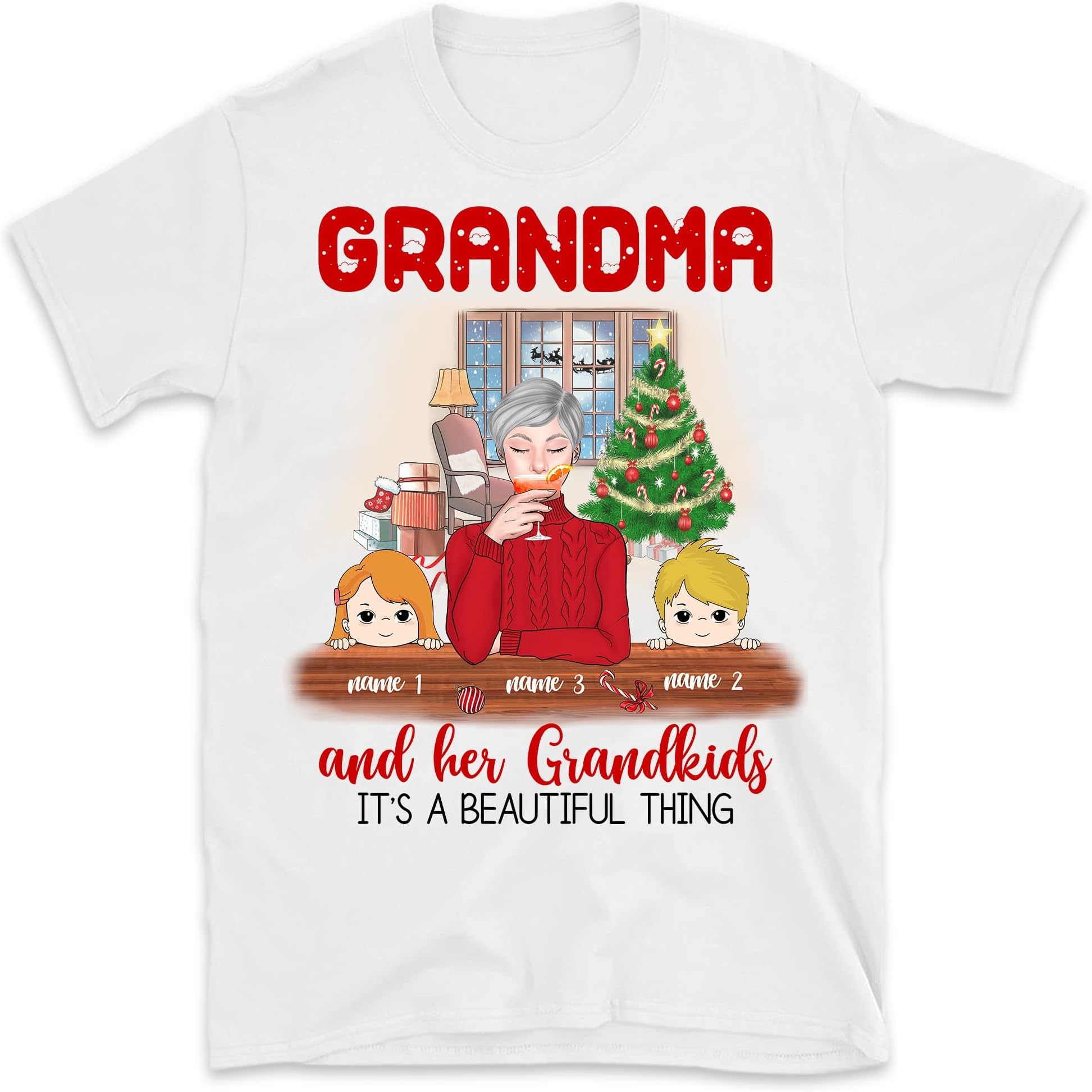 Grandma with Grandkids Name Christmas Personalized T Shirt, Grandma and Her Grandkids Shirt, Custom, Multicolor