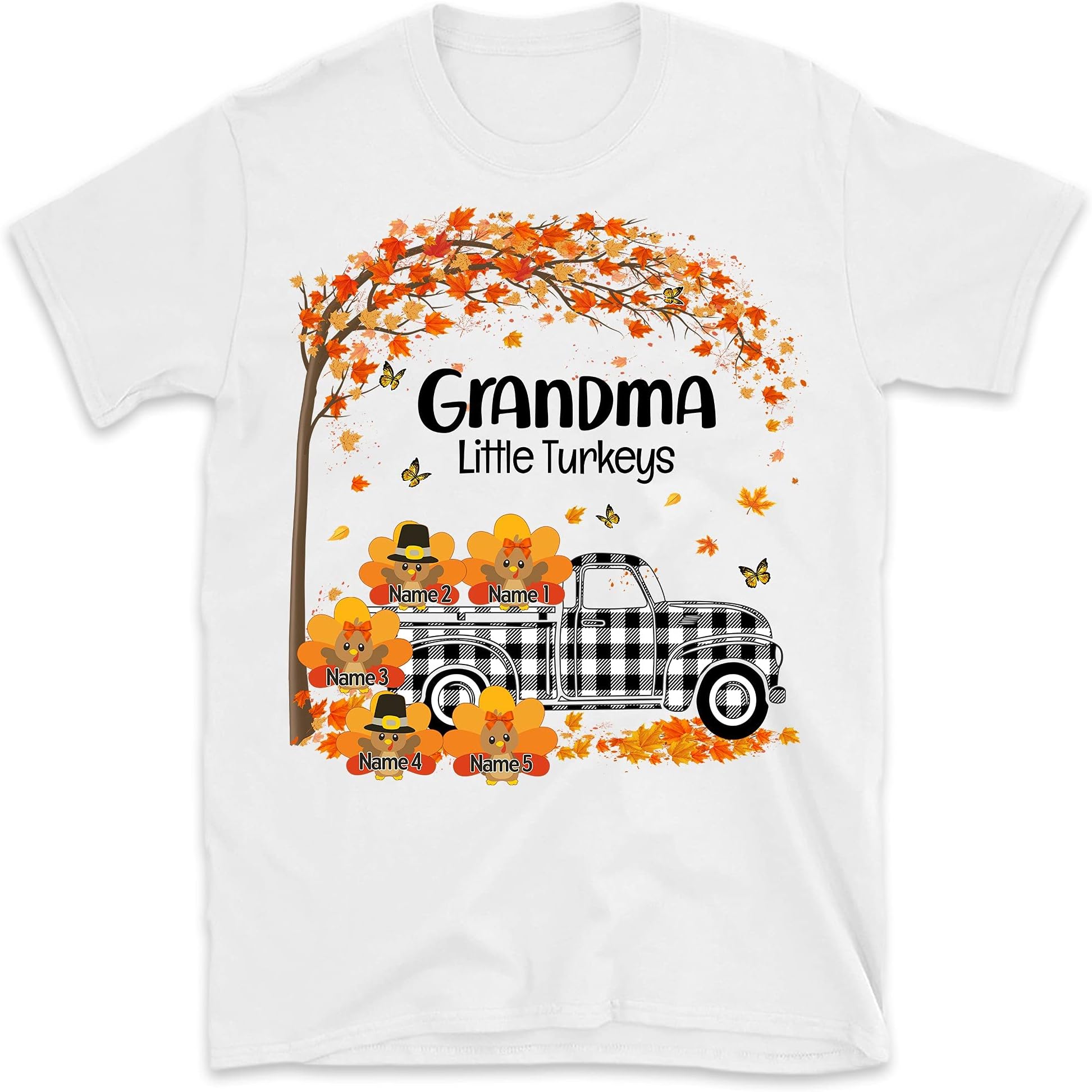 Personalized Fall Grandma's Little Turkeys Thanksgiving T-Shirt, Customized Grandma Shirts with Grandkids Names, Custom Autumn Thankful Nana Shirt Multicolored