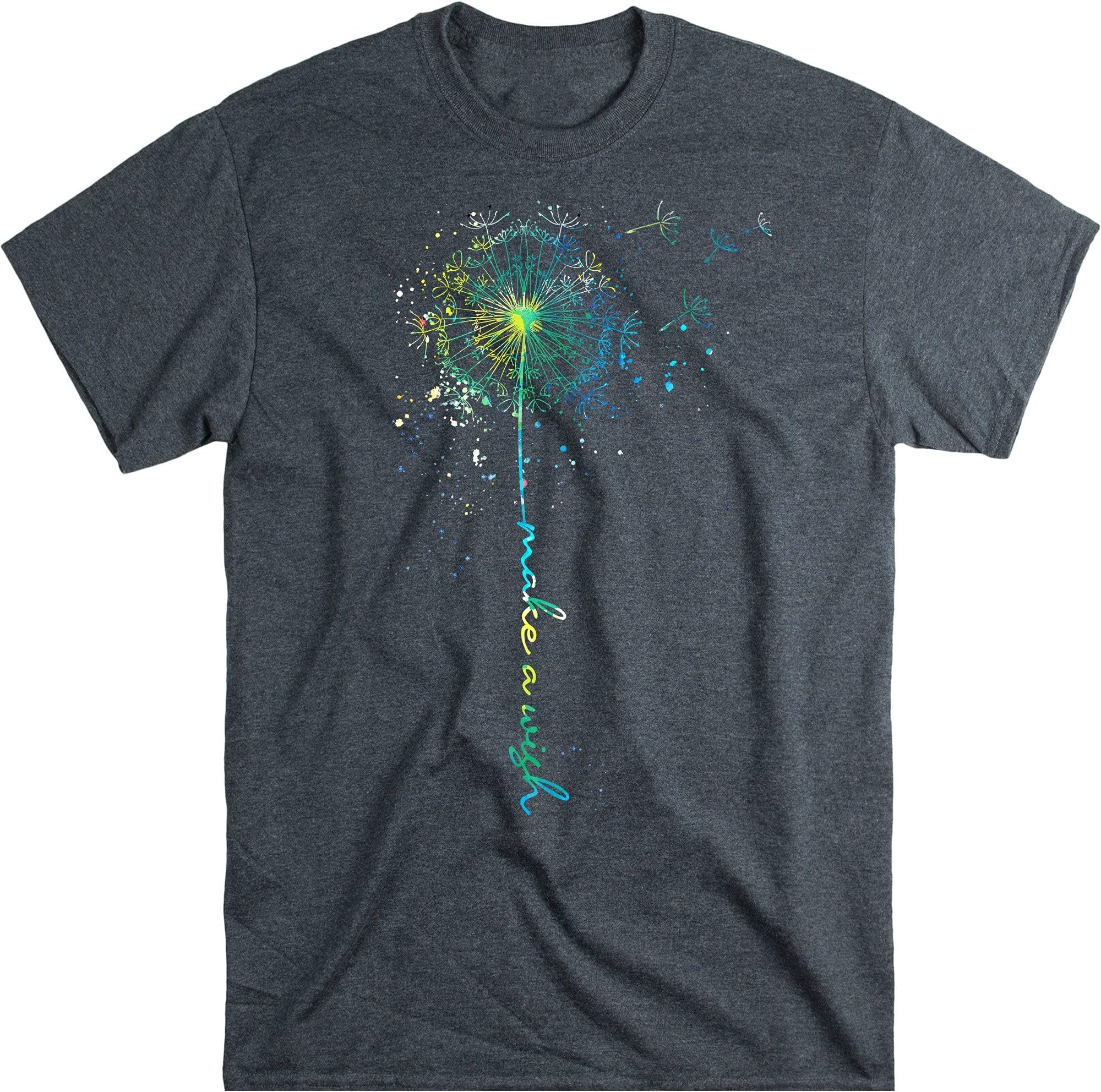 Dandelion Shirt Women Faith Graphic Shirts Make a Wish Vintage Tee Wildflower Short Sleeve Tops, Women's Dandelion Print T Shirts – Dark Heather/Large