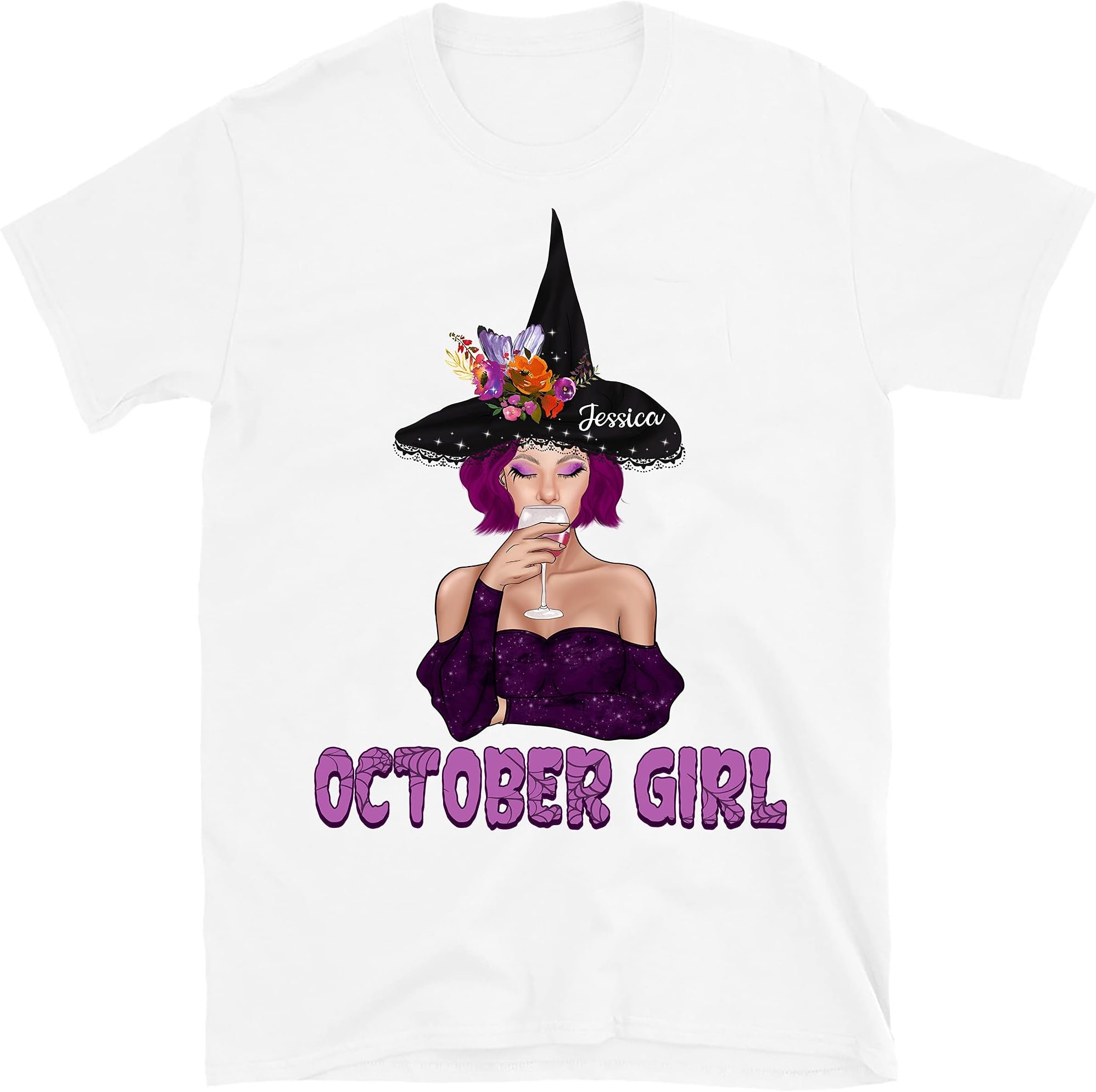 Personalized October Girl Witch Birthday Halloween T-Shirt Multicolored