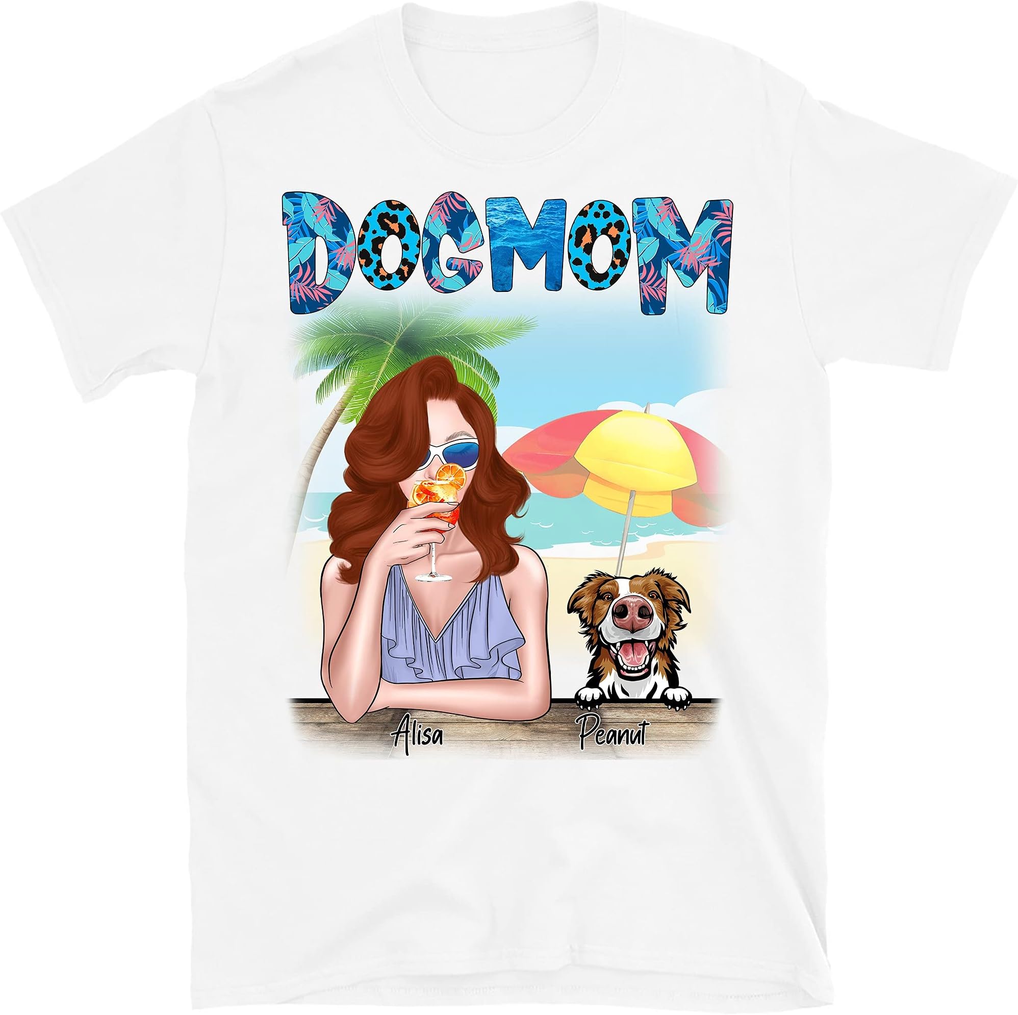 Dog Mom Summer Patterned Personalized Shirt, Dog Lovers Beach Lovers T-Shirts – White