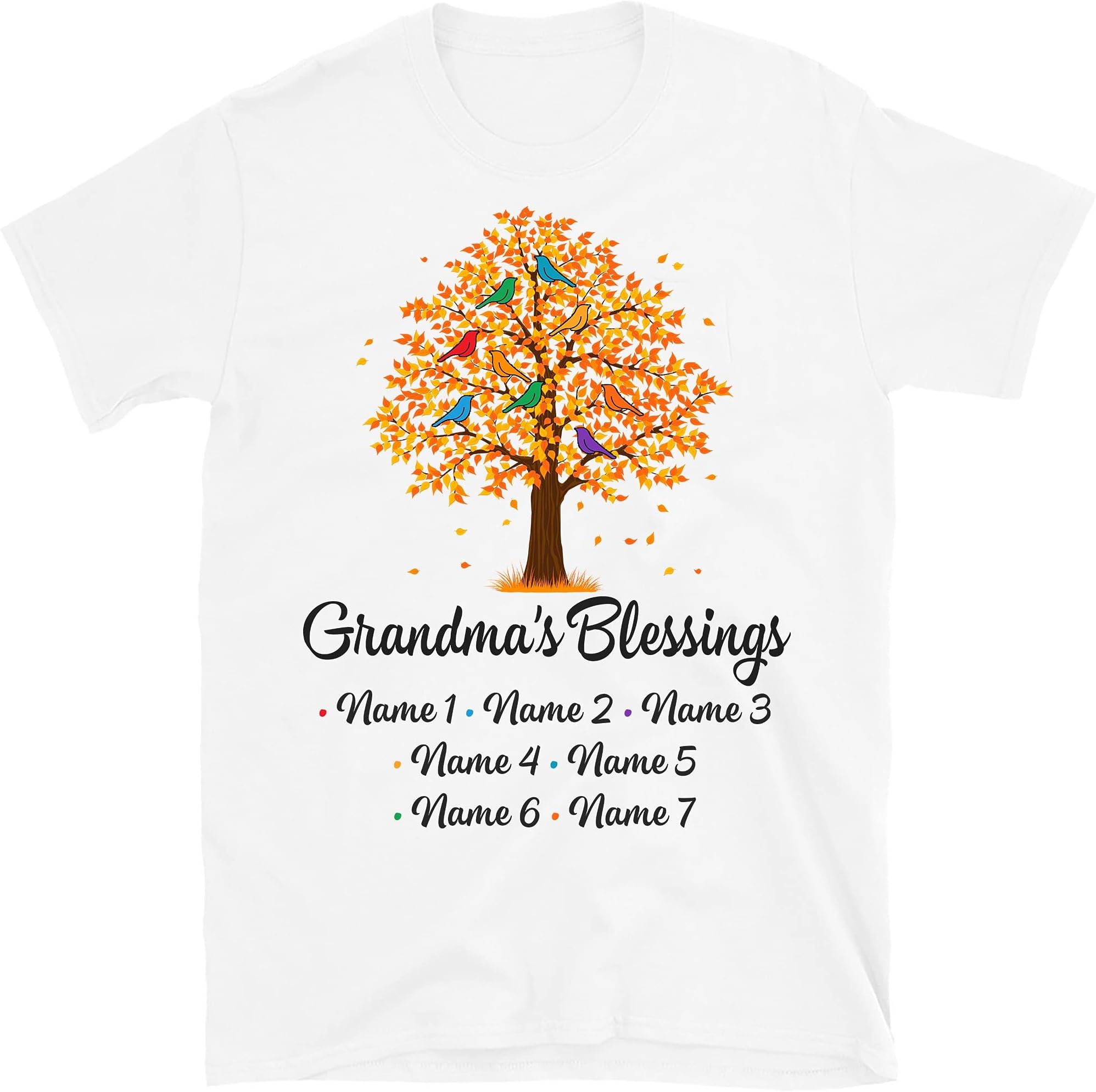 Grandma Tree Shirt with Grandkids Names Personalized Grandma Blessings Shirt Grandma Tree with Birds T-Shirt Multicolor