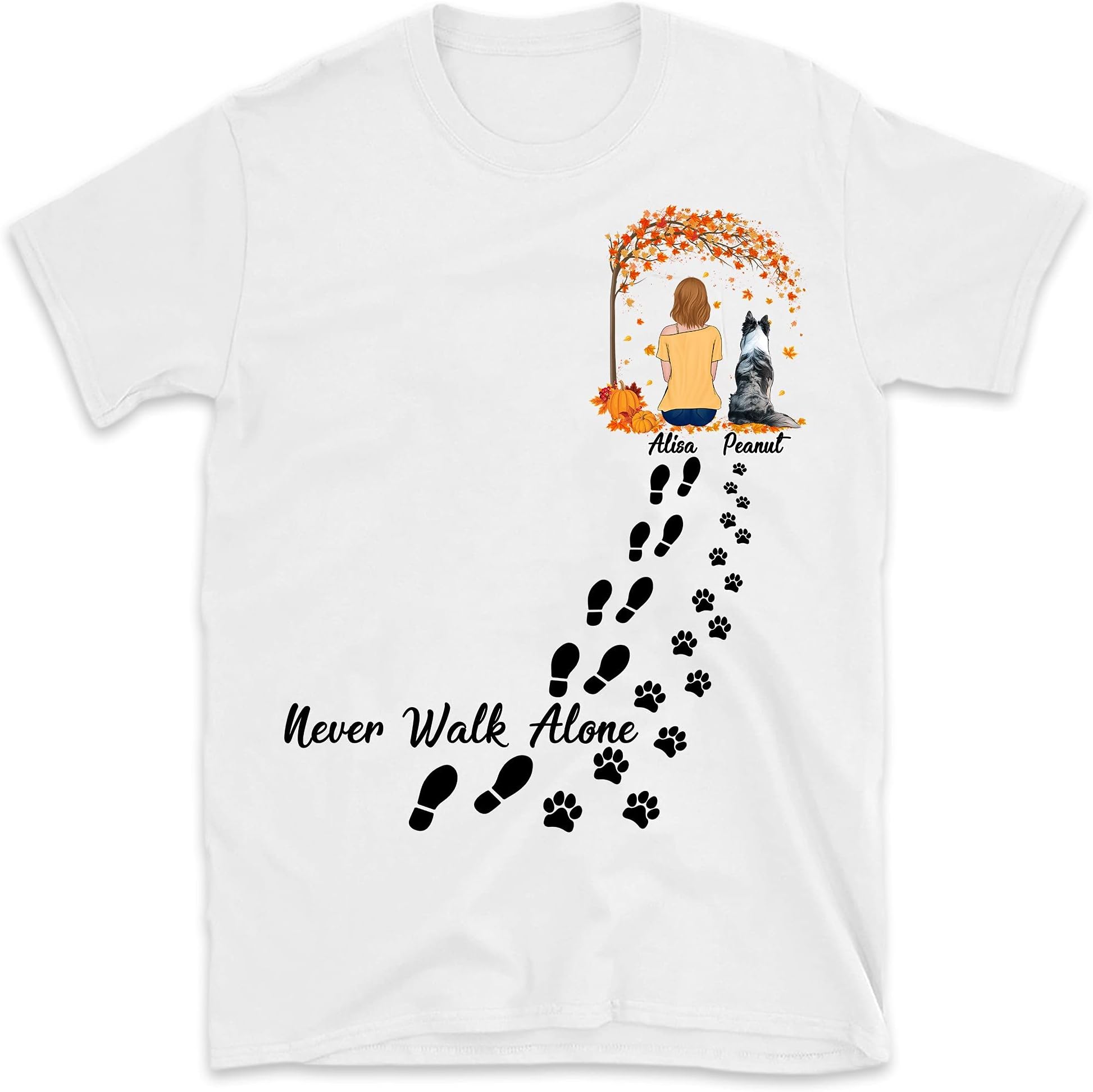 Personalized Dog Fall Shirt for Women, Dog Lovers T-Shirt, Customized Never Walk Alone T-Shirt, Dog Mom Shirt