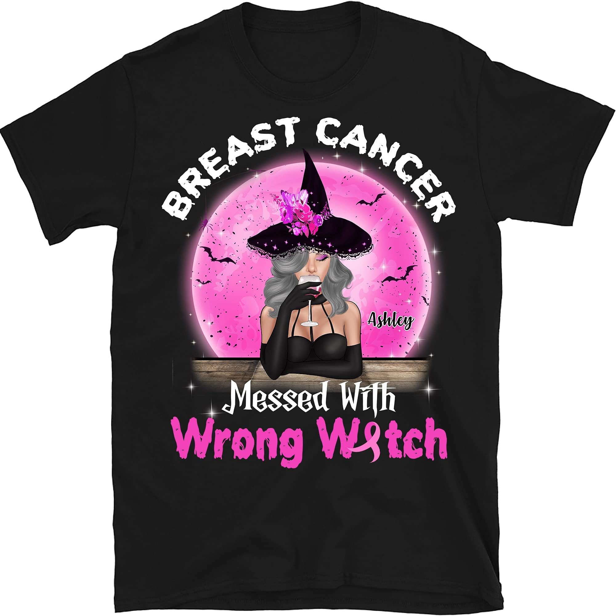 Breast Cancer Messed with Wrong Witch Halloween Personalized Shirt, Custom Breast Cancer Awareness Supporter T-Shirt Multicolored