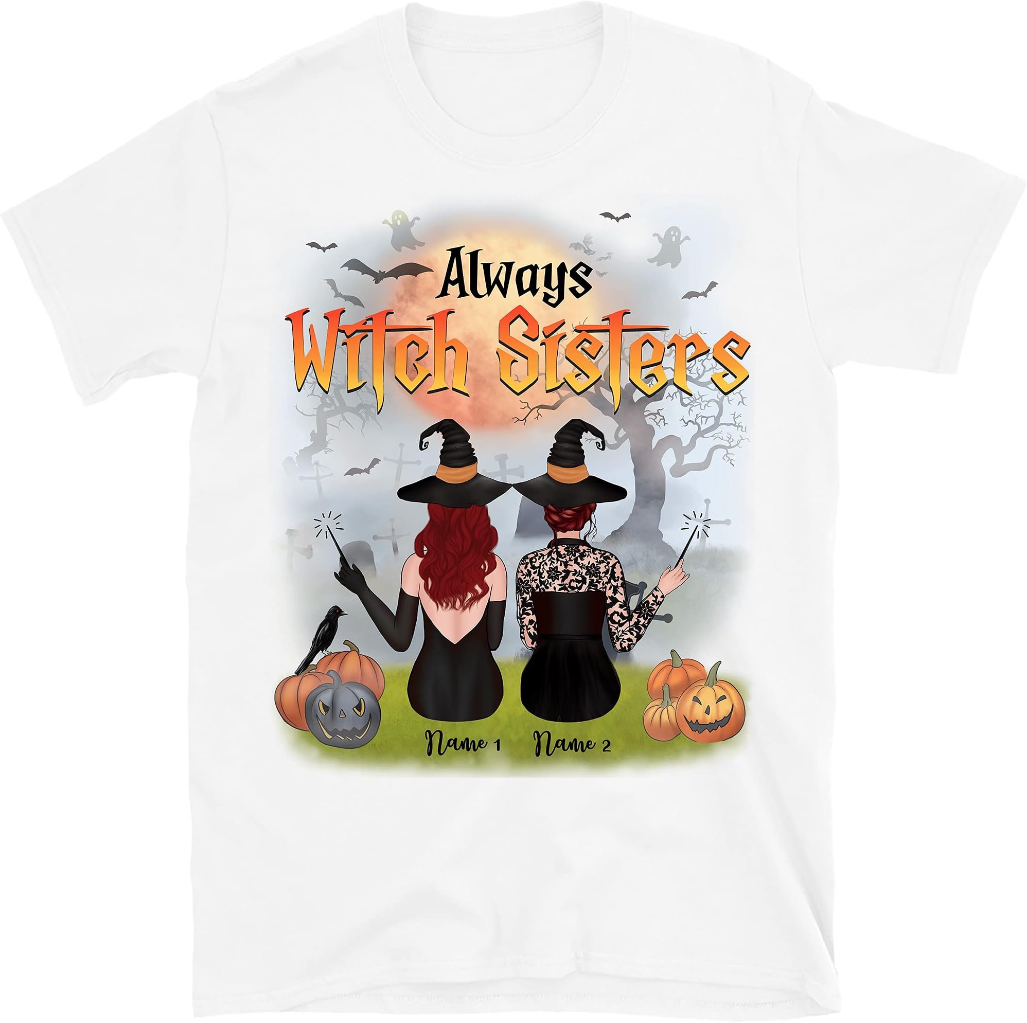 Personalized Besties Halloween T-Shirt, Always Sisters Shirts, Custom Witches Sisters Shirts, Unique Customize T Shirt for Bestfriend