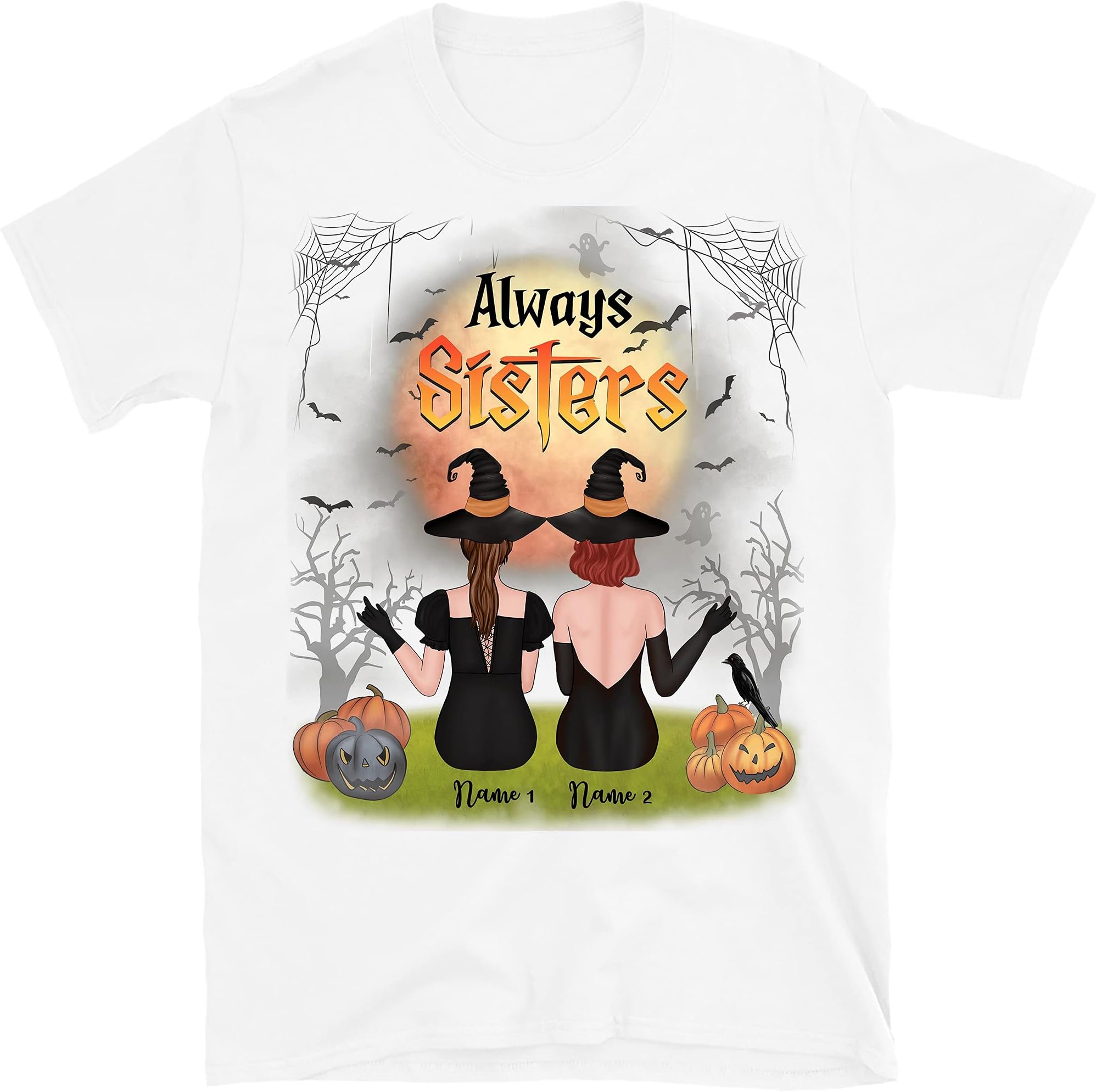 Personalized Besties Halloween T-Shirt, Always Sisters Shirts, Custom Witches Sisters Shirts, Unique Custom T Shirt for Bestfriend Multicolored