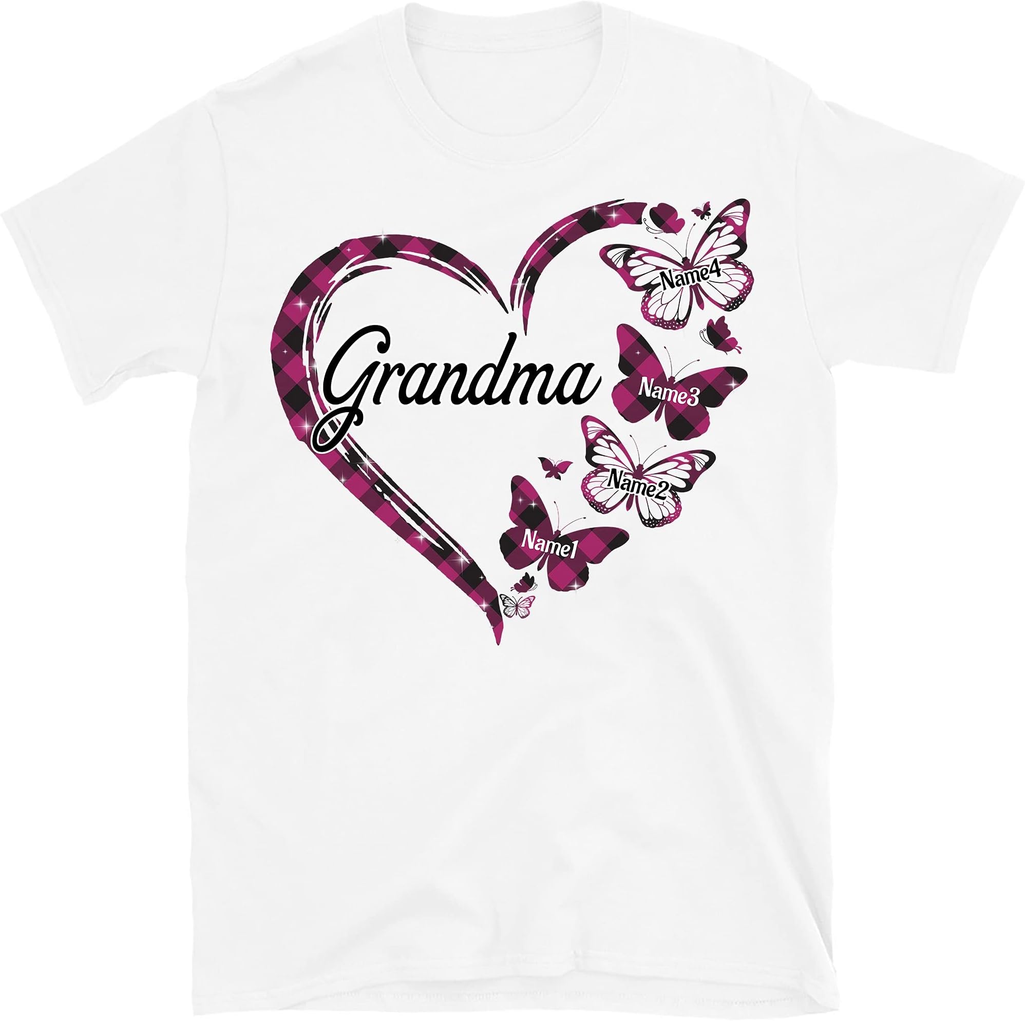Personalized Grandchildren Grandma Shirt, Heart Plaid Pattern Shirt, Custom Kids Name Shirt, Butterfly Lovers Shirt, Gifts for Nana Gigi Shirts