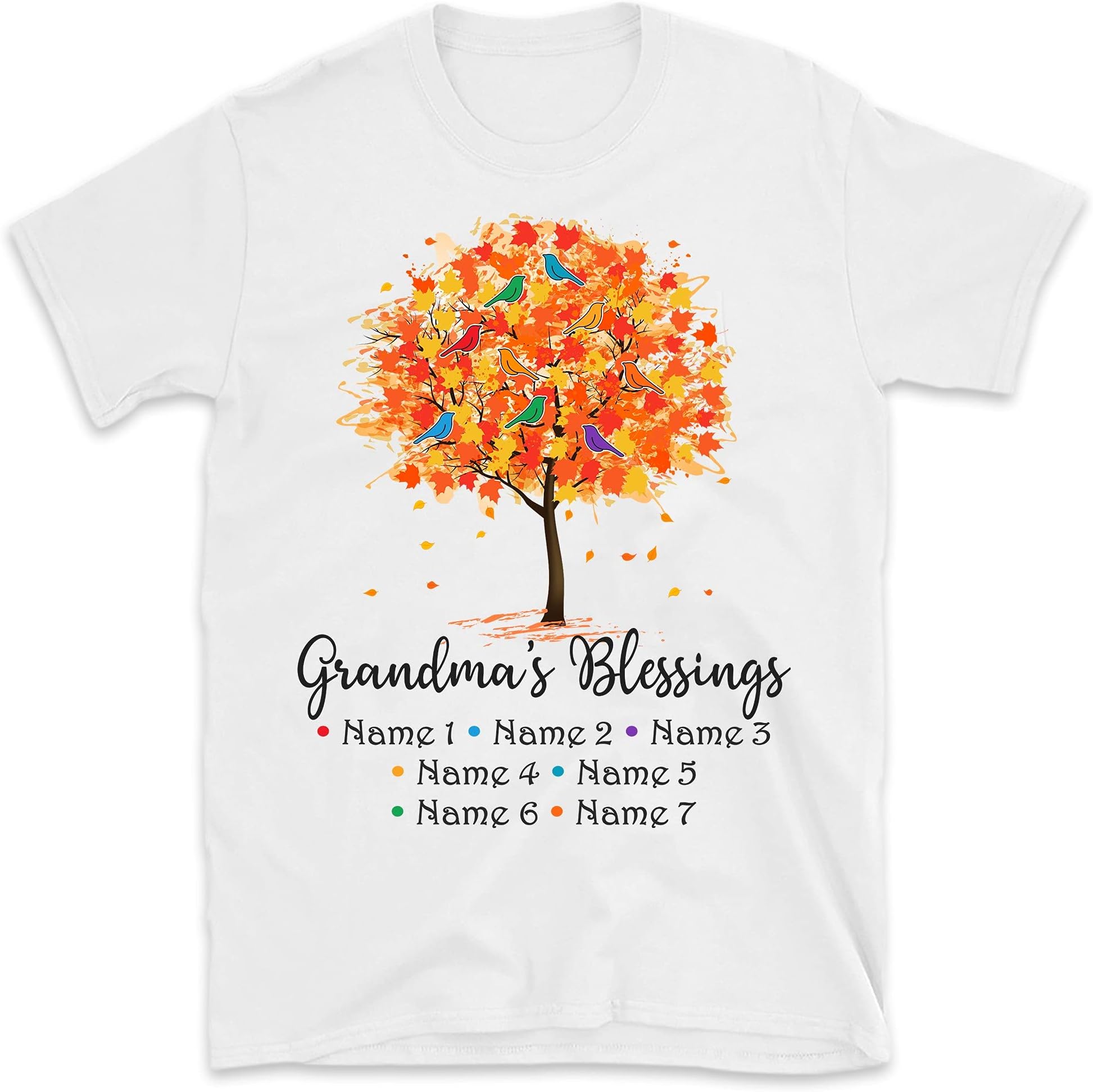 Fall Tree Grandma Shirt with Grandkids Names Personalized Grandchildren Blessings Shirt with Birds T-Shirt, Multicolored