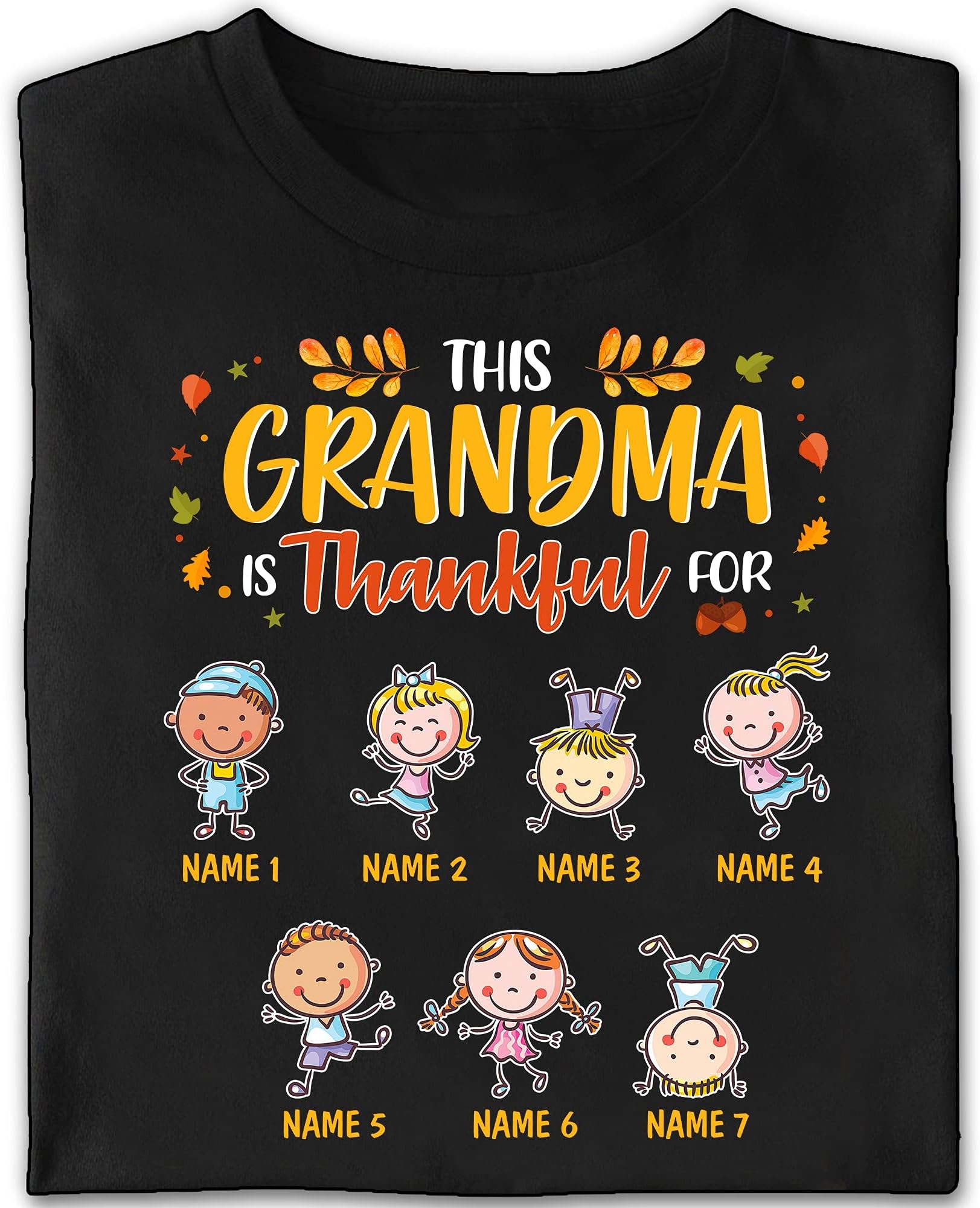 Personalized Grandma Thankful Kids Thanksgiving T-Shirt, Customized Grandma Mom Dad Shirts with Grandkids Names Multicolored